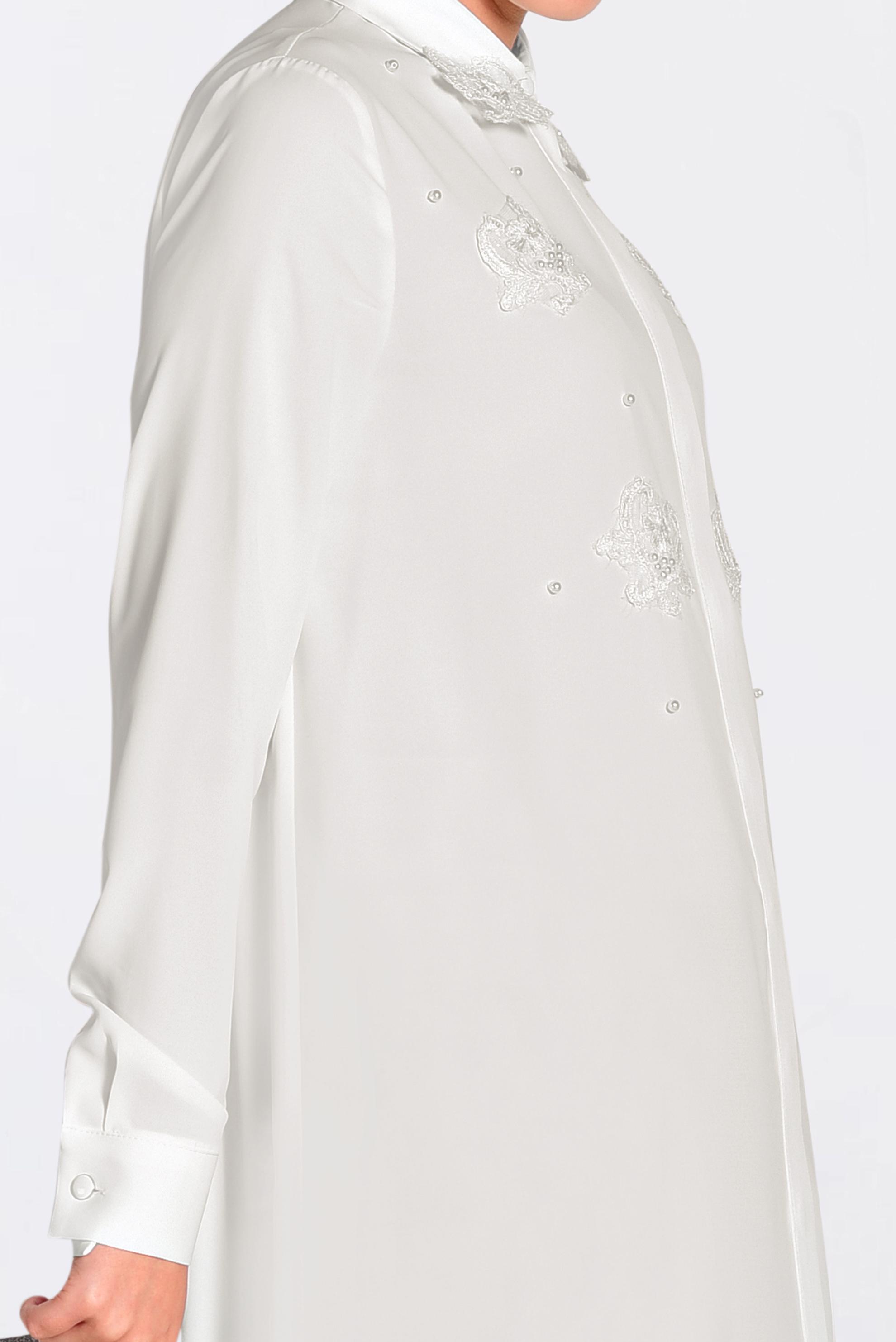 Tesettür giyim BEYAZ GÜPÜR VE BONCUK İŞLEMELİ GENİŞ KESİM TUNİK 4237