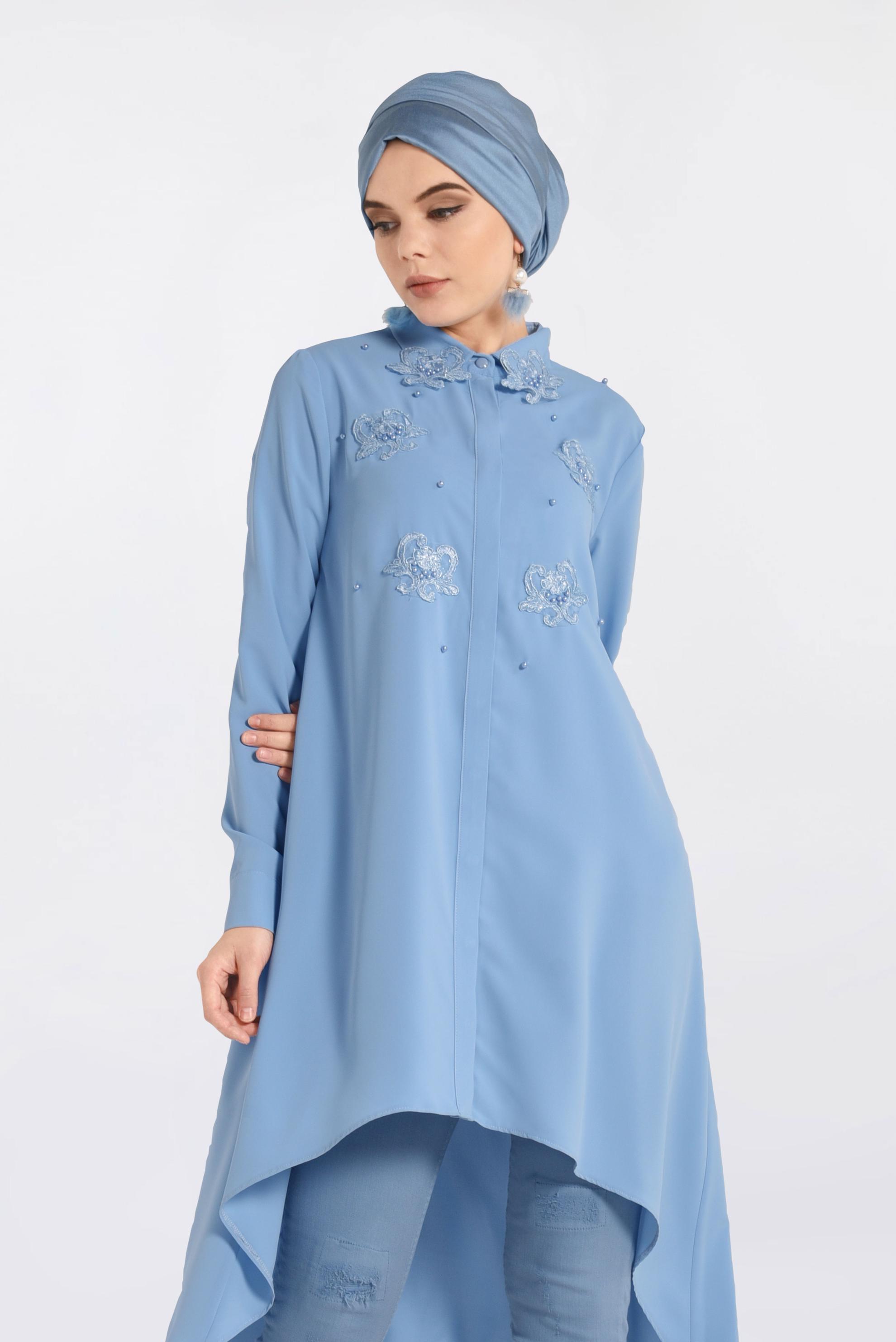 Tesettür giyim MAVİ GÜPÜR VE BONCUK İŞLEMELİ GENİŞ KESİM TUNİK 4237