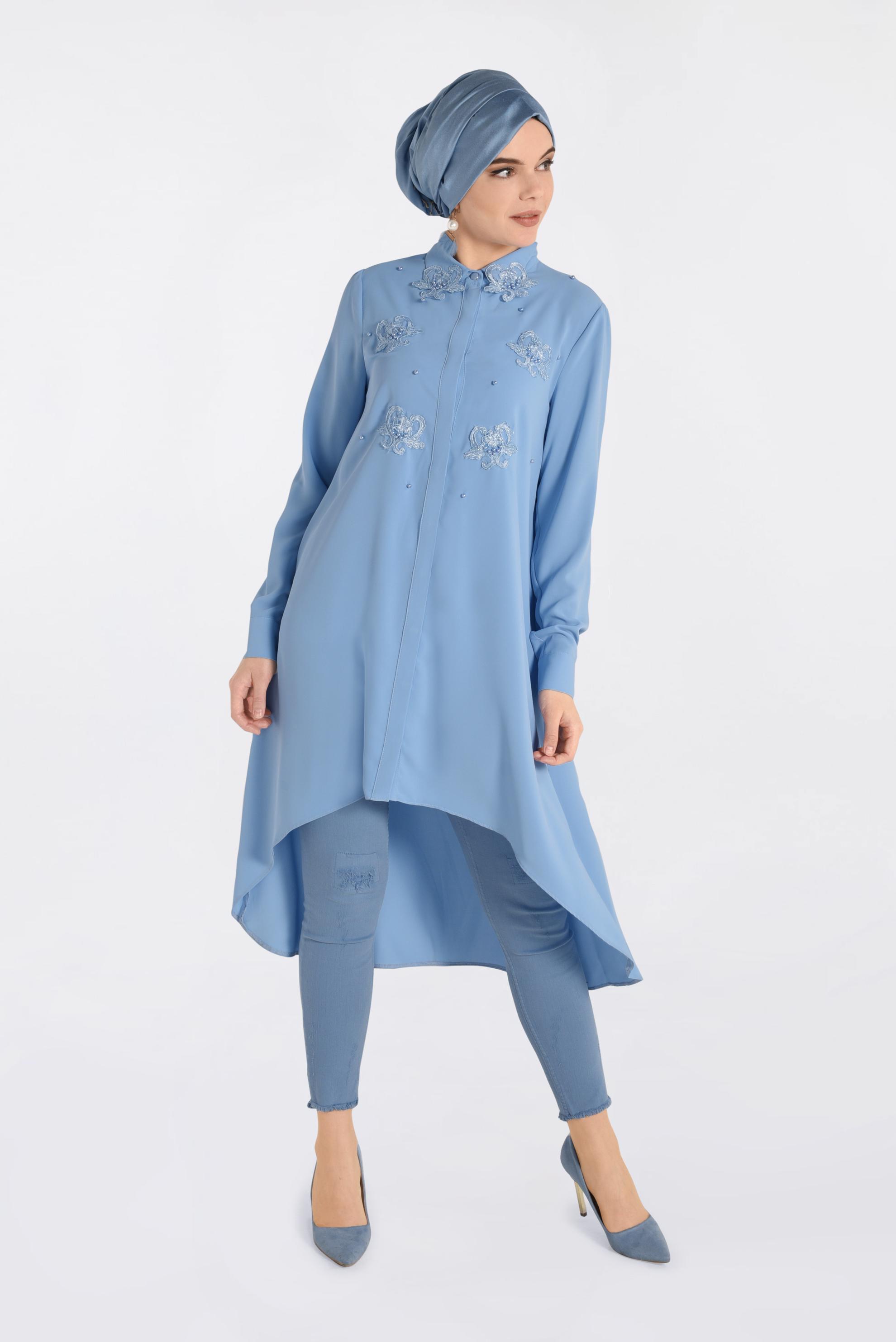 Tesettür giyim MAVİ GÜPÜR VE BONCUK İŞLEMELİ GENİŞ KESİM TUNİK 4237