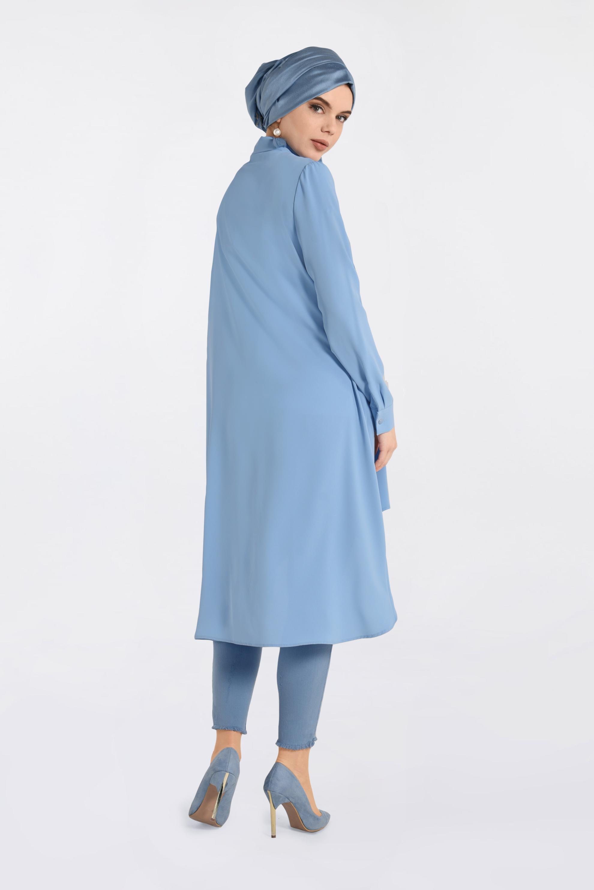 Tesettür giyim MAVİ GÜPÜR VE BONCUK İŞLEMELİ GENİŞ KESİM TUNİK 4237