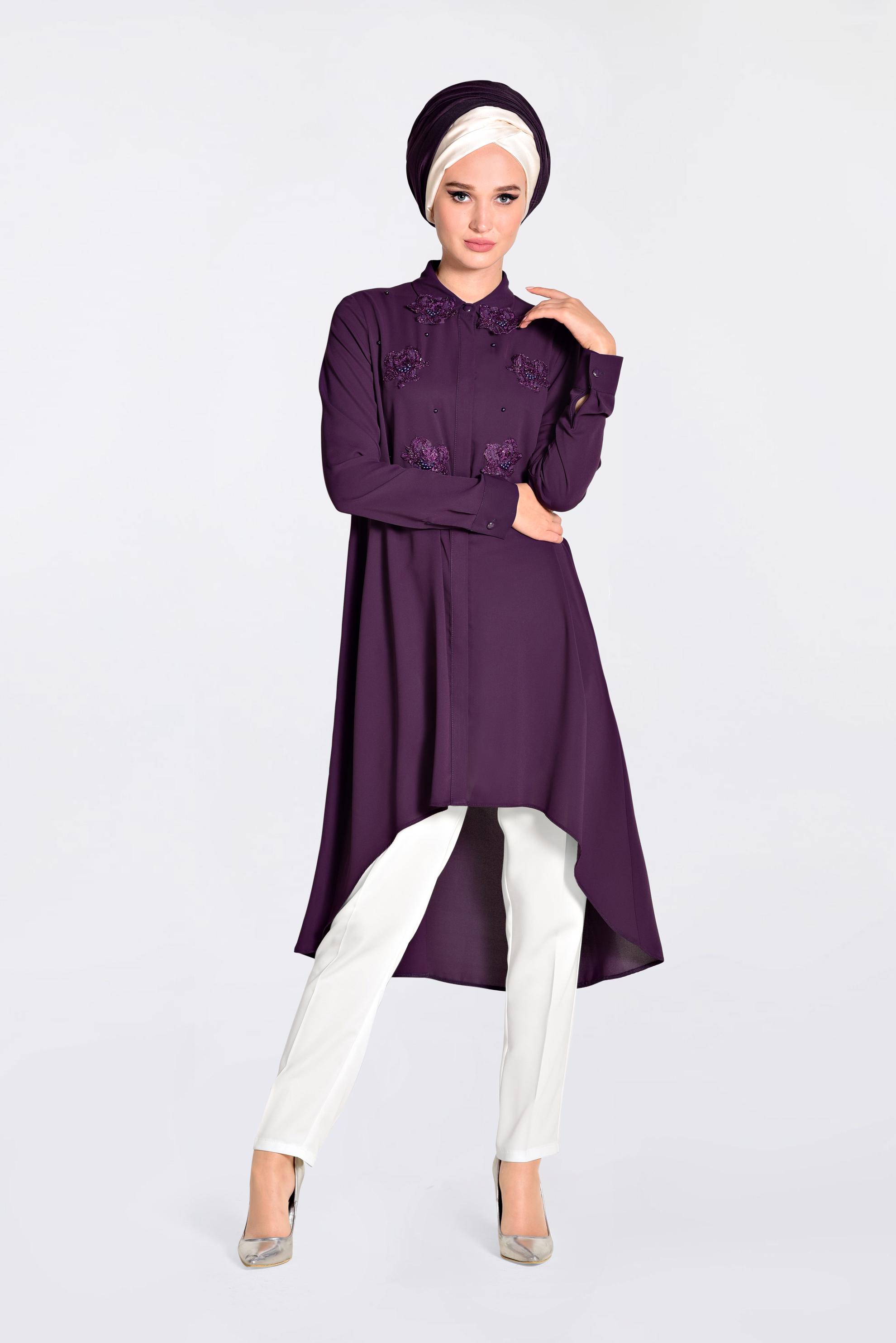 Tesettür giyim MOR GÜPÜR VE BONCUK İŞLEMELİ GENİŞ KESİM TUNİK 4237