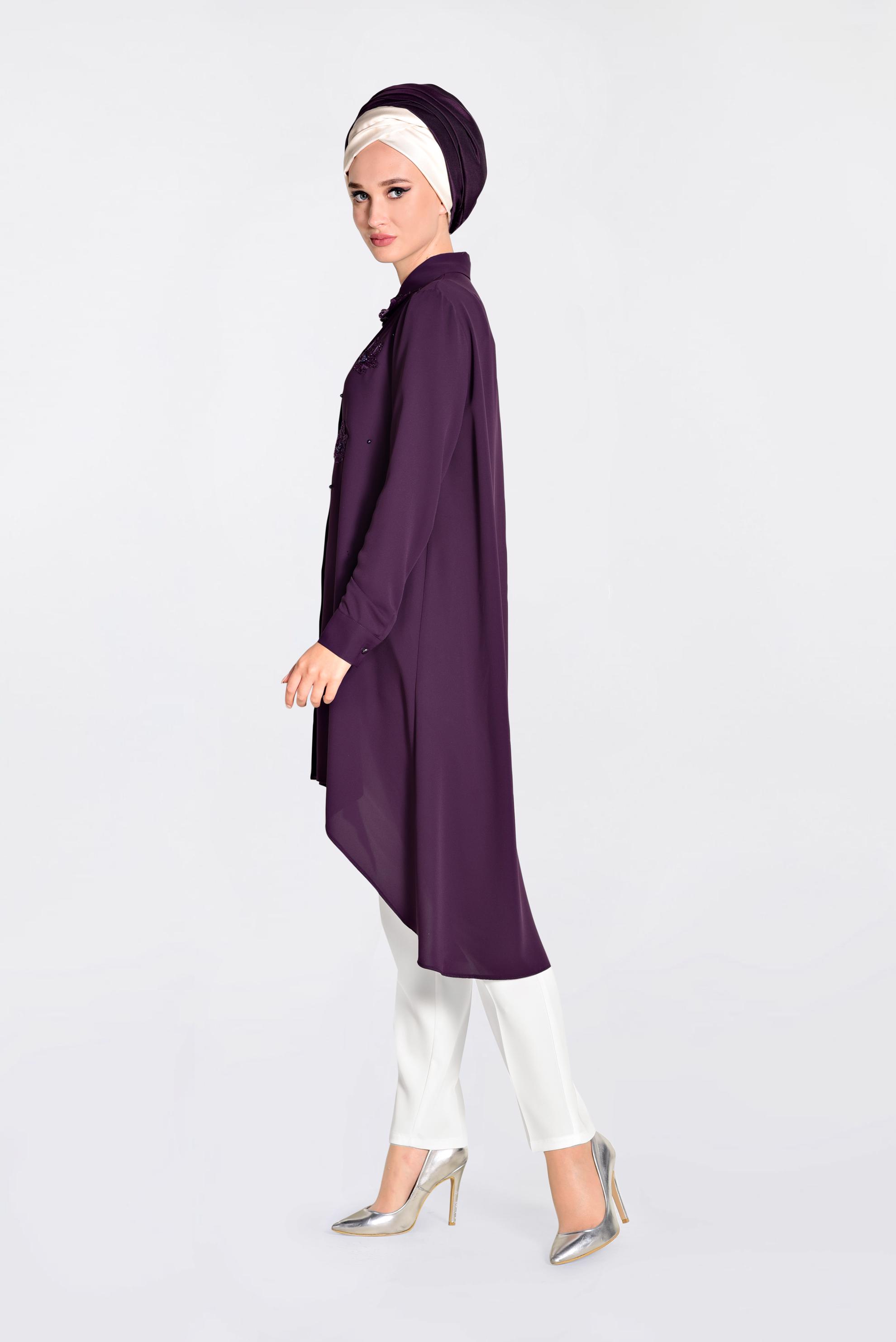 Tesettür giyim MOR GÜPÜR VE BONCUK İŞLEMELİ GENİŞ KESİM TUNİK 4237