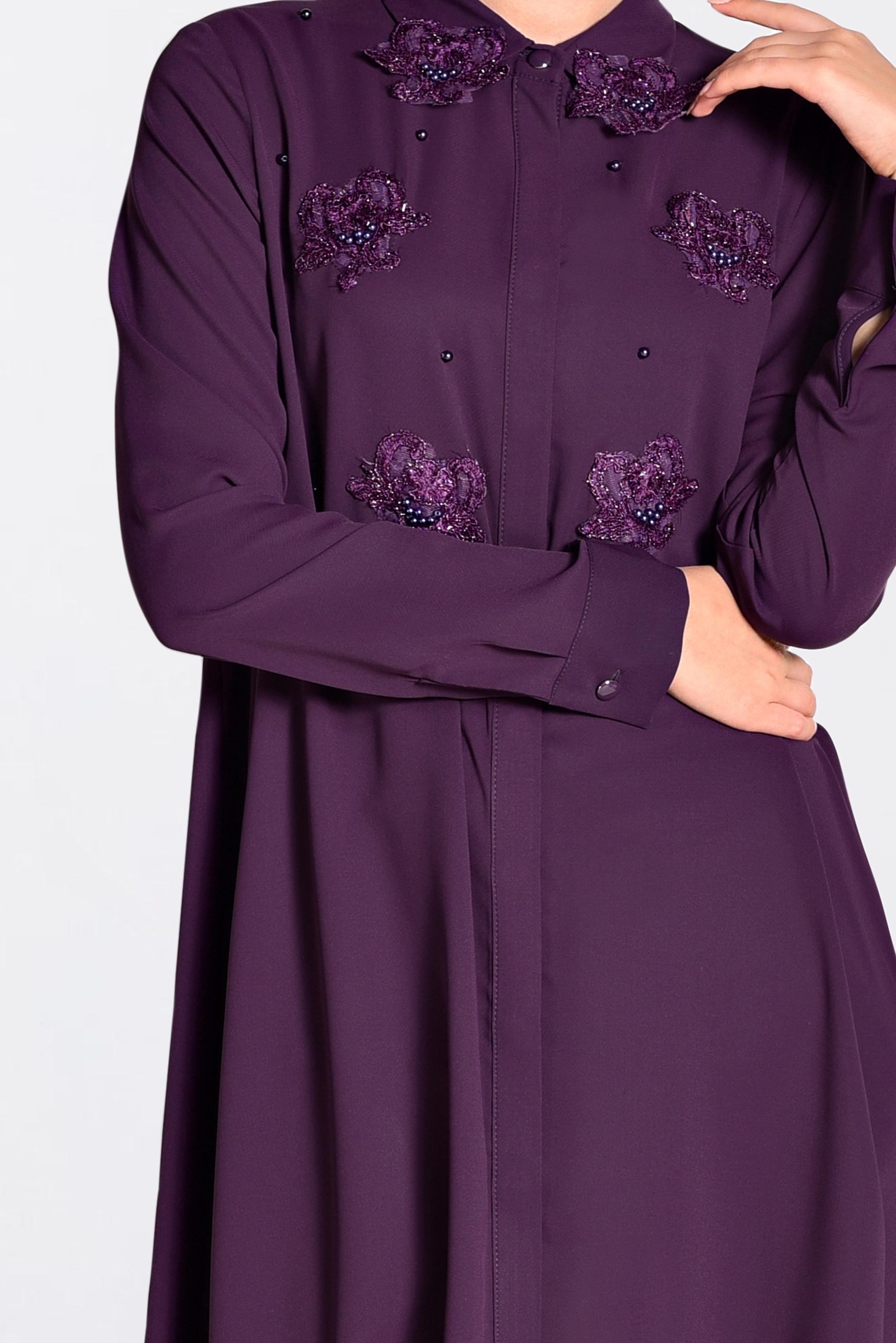 Tesettür giyim MOR GÜPÜR VE BONCUK İŞLEMELİ GENİŞ KESİM TUNİK 4237