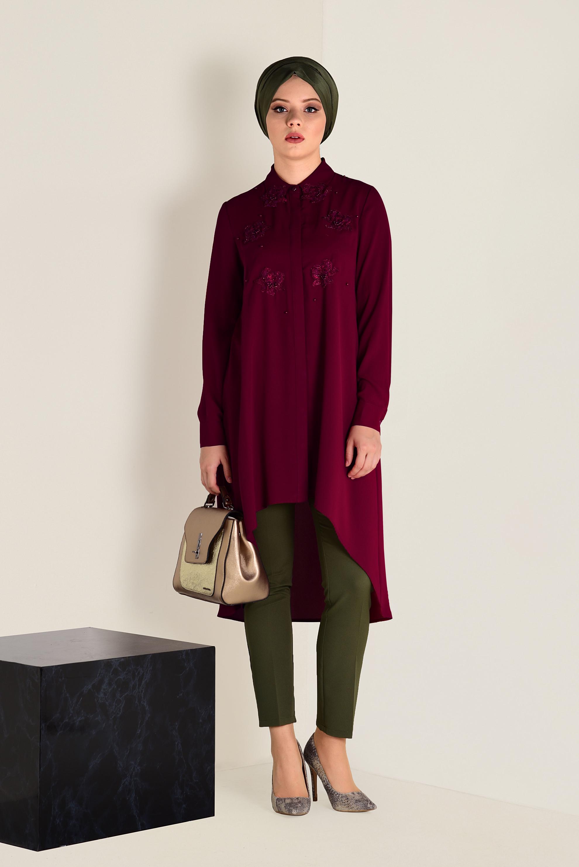 Tesettür giyim BORDO GÜPÜR VE BONCUK İŞLEMELİ GENİŞ KESİM TUNİK 4237