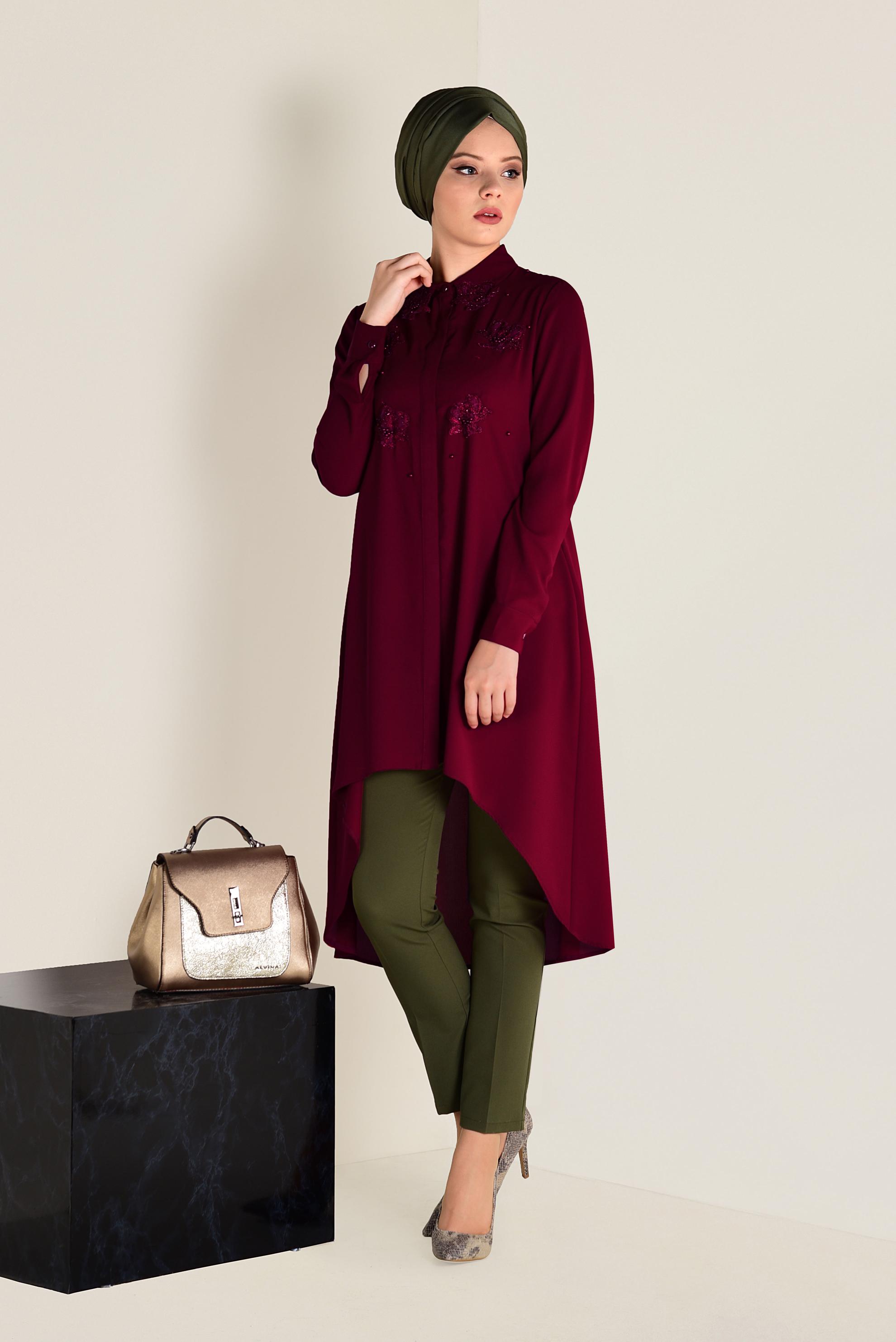 Tesettür giyim BORDO GÜPÜR VE BONCUK İŞLEMELİ GENİŞ KESİM TUNİK 4237
