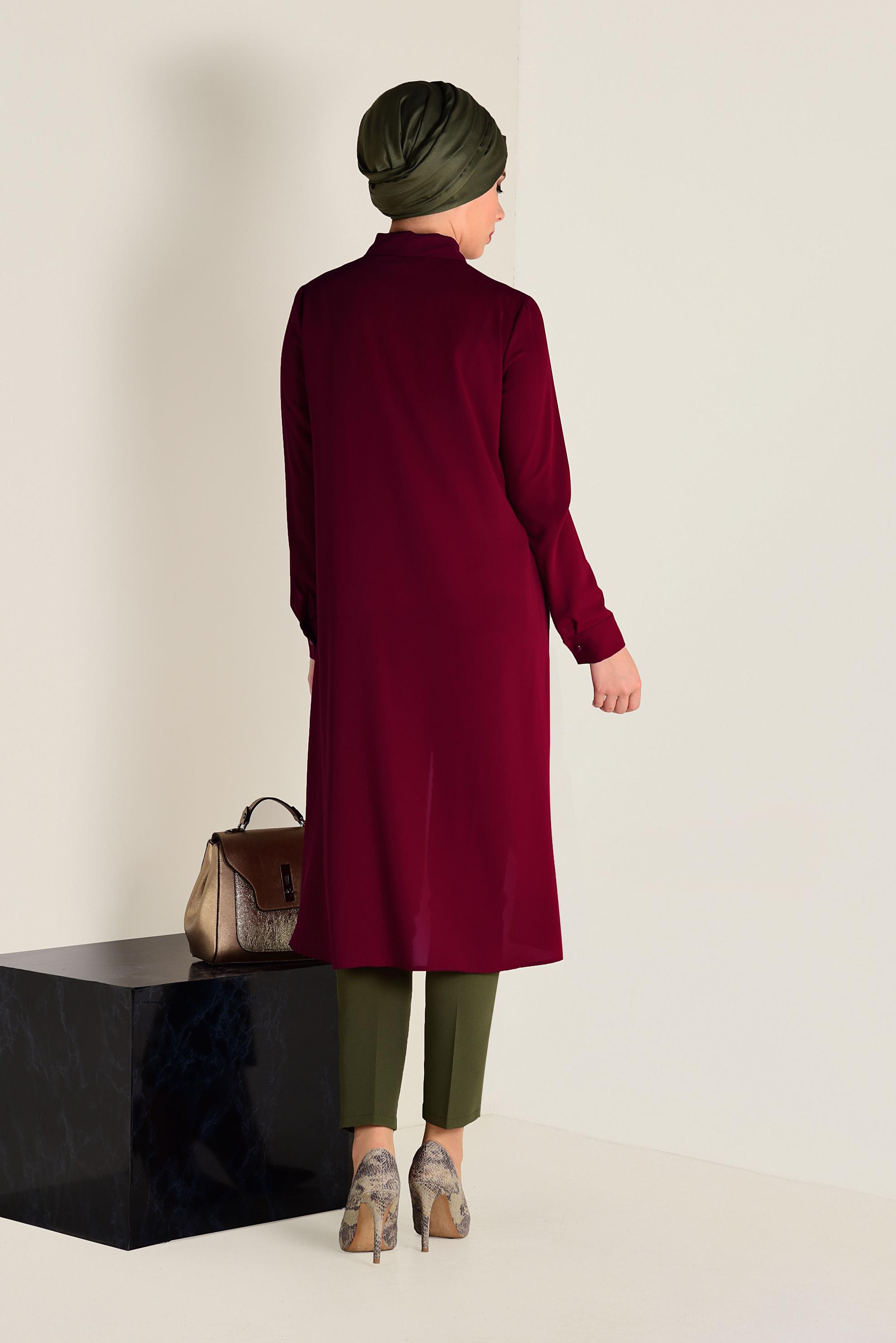 Tesettür giyim BORDO GÜPÜR VE BONCUK İŞLEMELİ GENİŞ KESİM TUNİK 4237