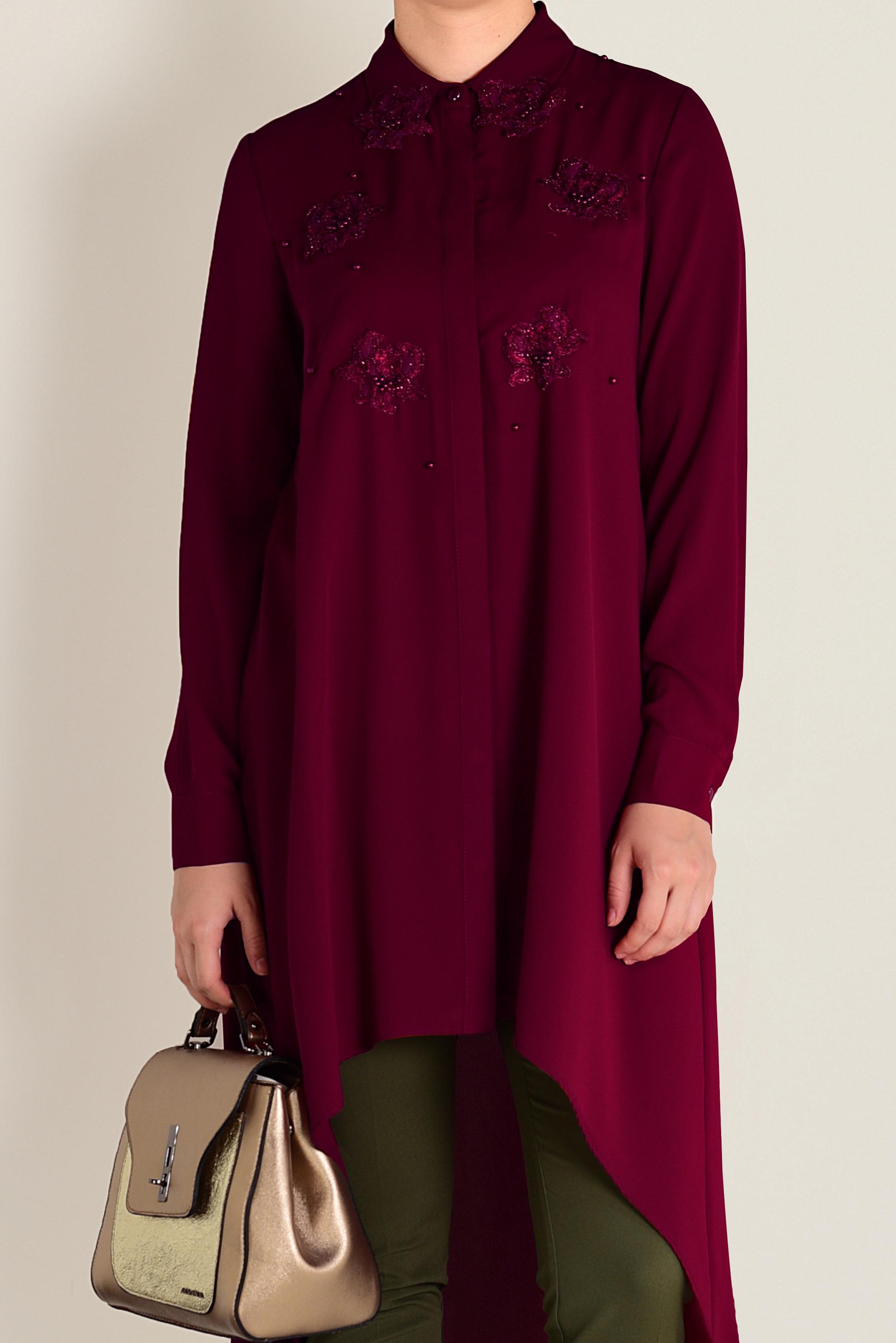 Tesettür giyim BORDO GÜPÜR VE BONCUK İŞLEMELİ GENİŞ KESİM TUNİK 4237