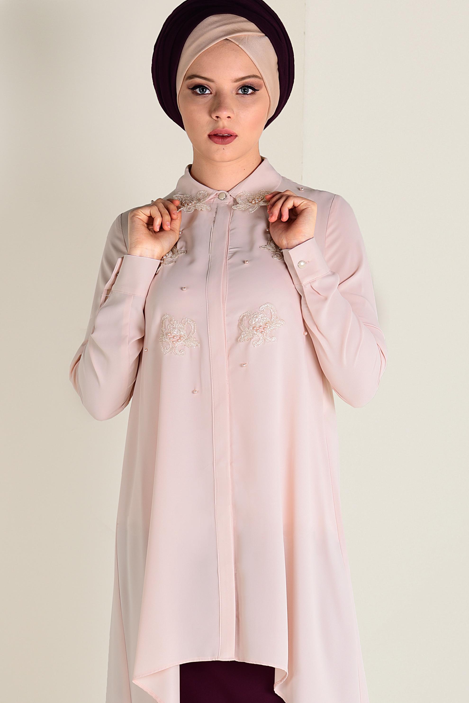 Tesettür giyim PUDRA GÜPÜR VE BONCUK İŞLEMELİ GENİŞ KESİM TUNİK 4237