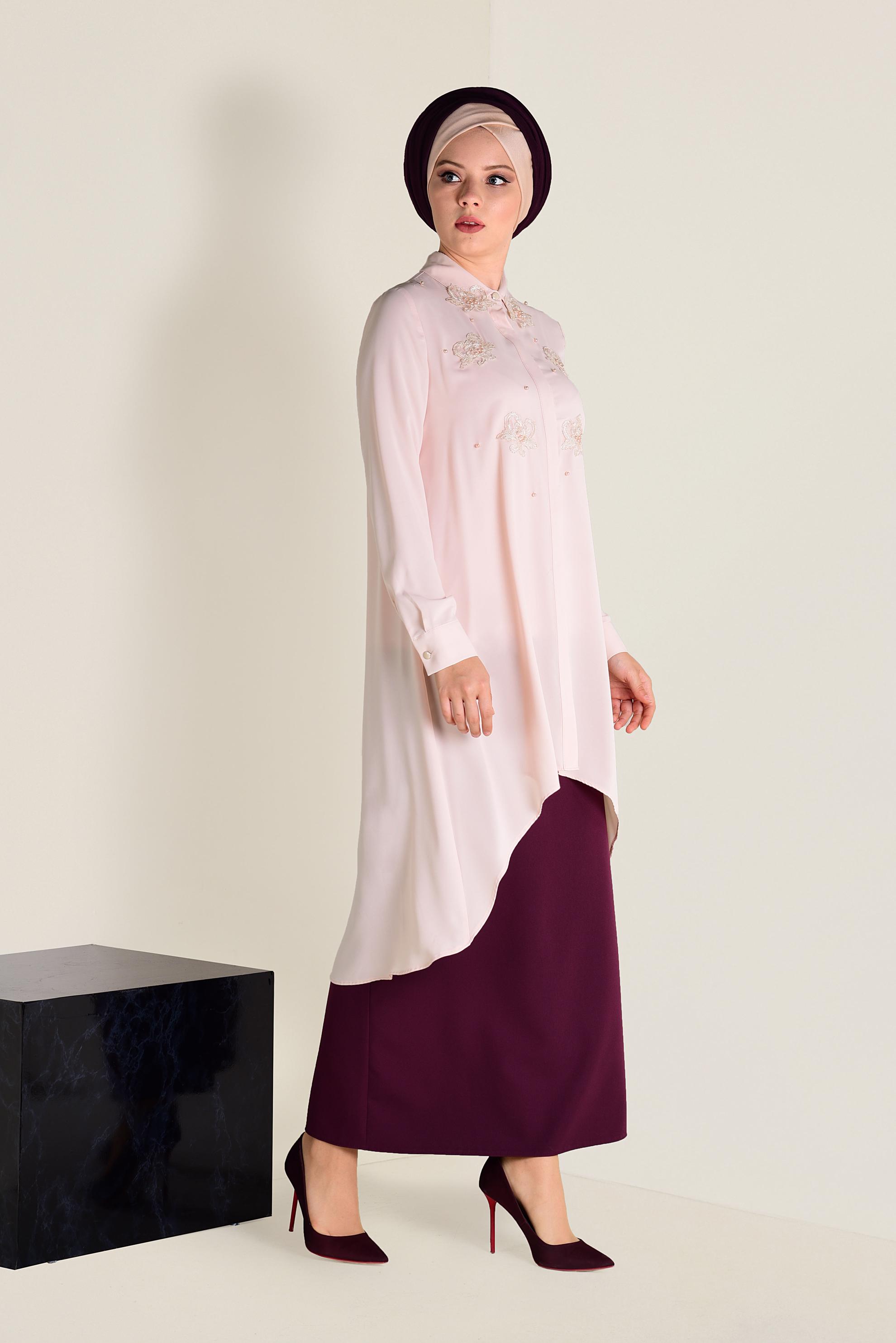 Tesettür giyim PUDRA GÜPÜR VE BONCUK İŞLEMELİ GENİŞ KESİM TUNİK 4237