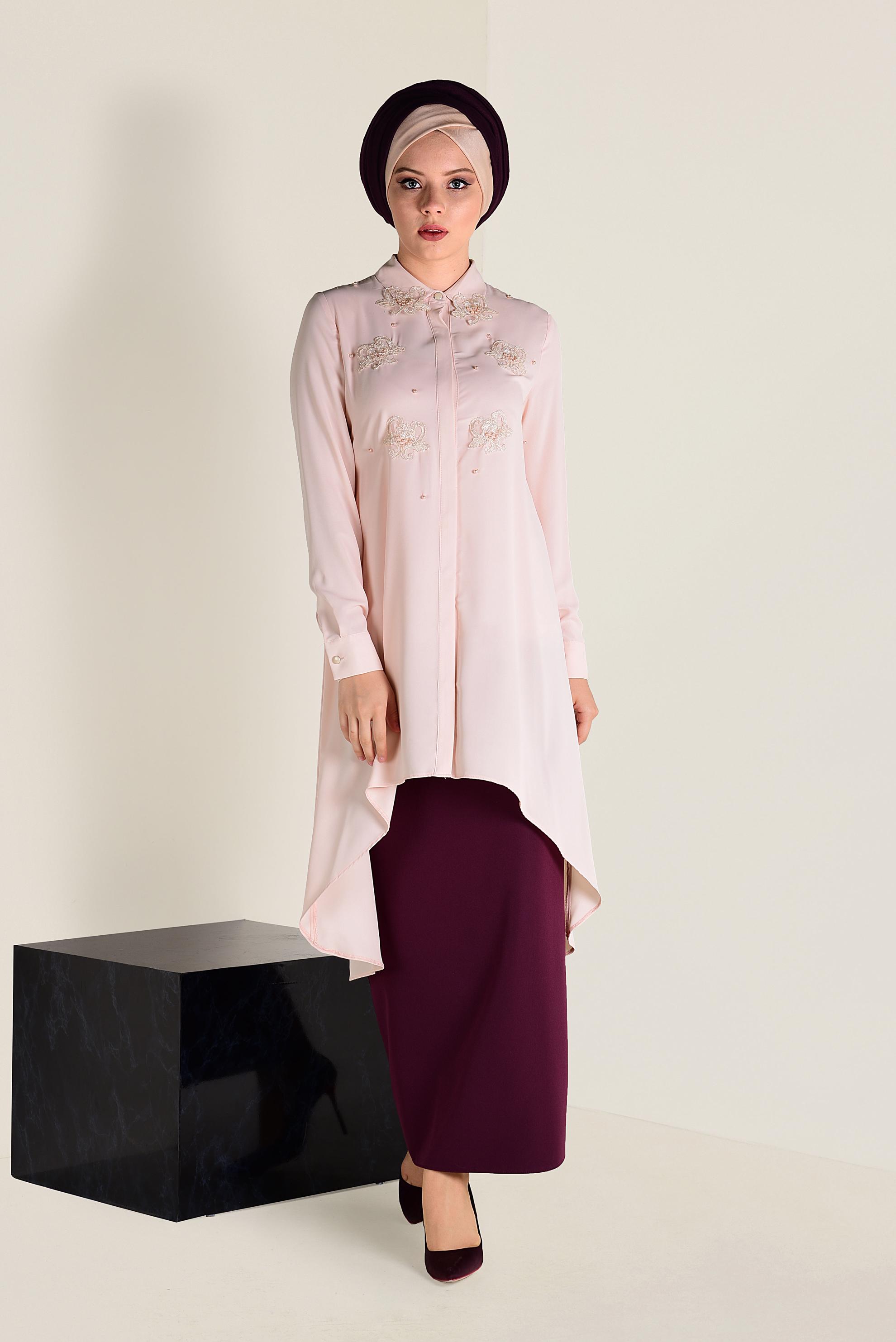 Tesettür giyim PUDRA GÜPÜR VE BONCUK İŞLEMELİ GENİŞ KESİM TUNİK 4237