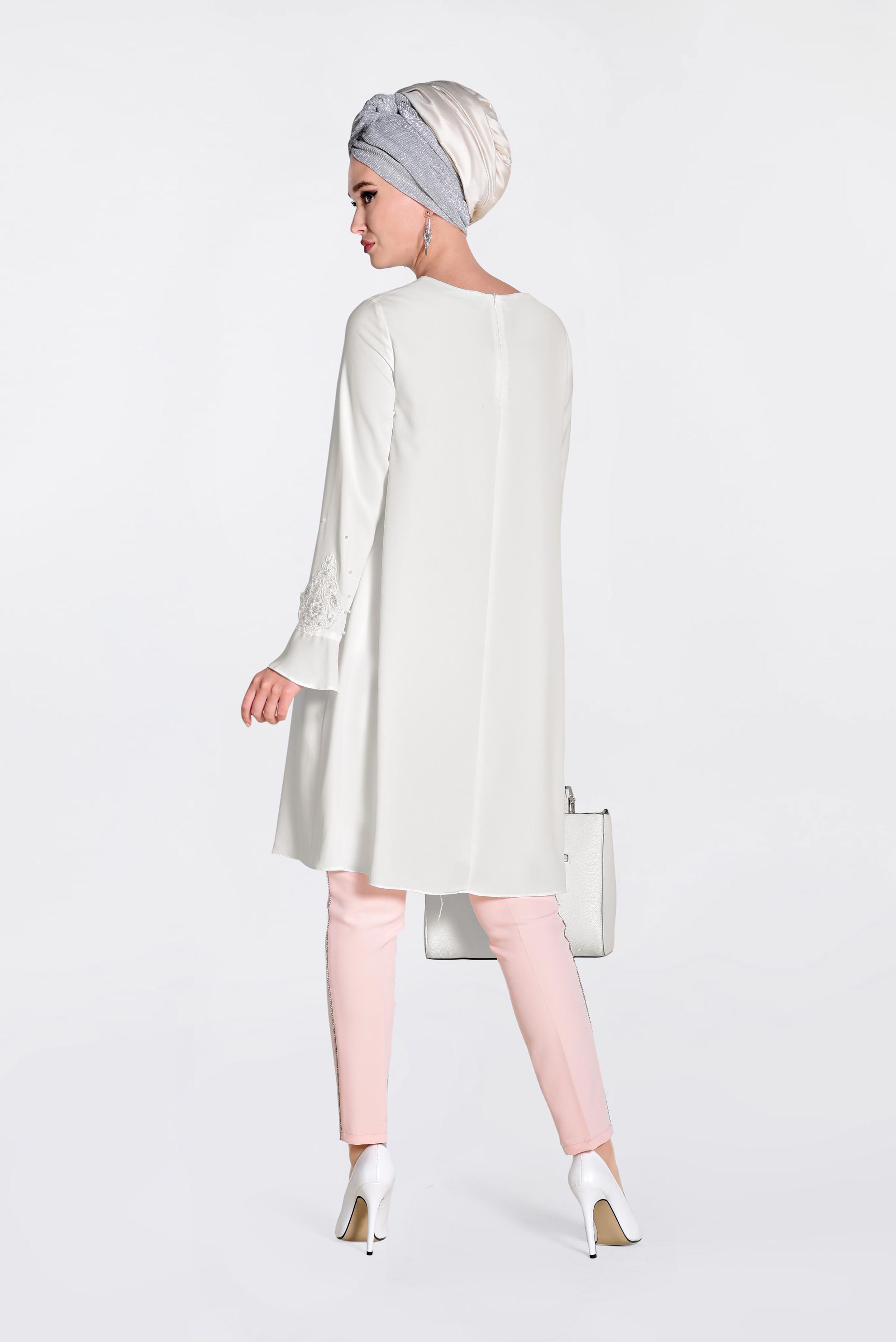 Tesettür giyim EKRU GÜPÜR VE BONCUK DETAYLI TUNİK 4239