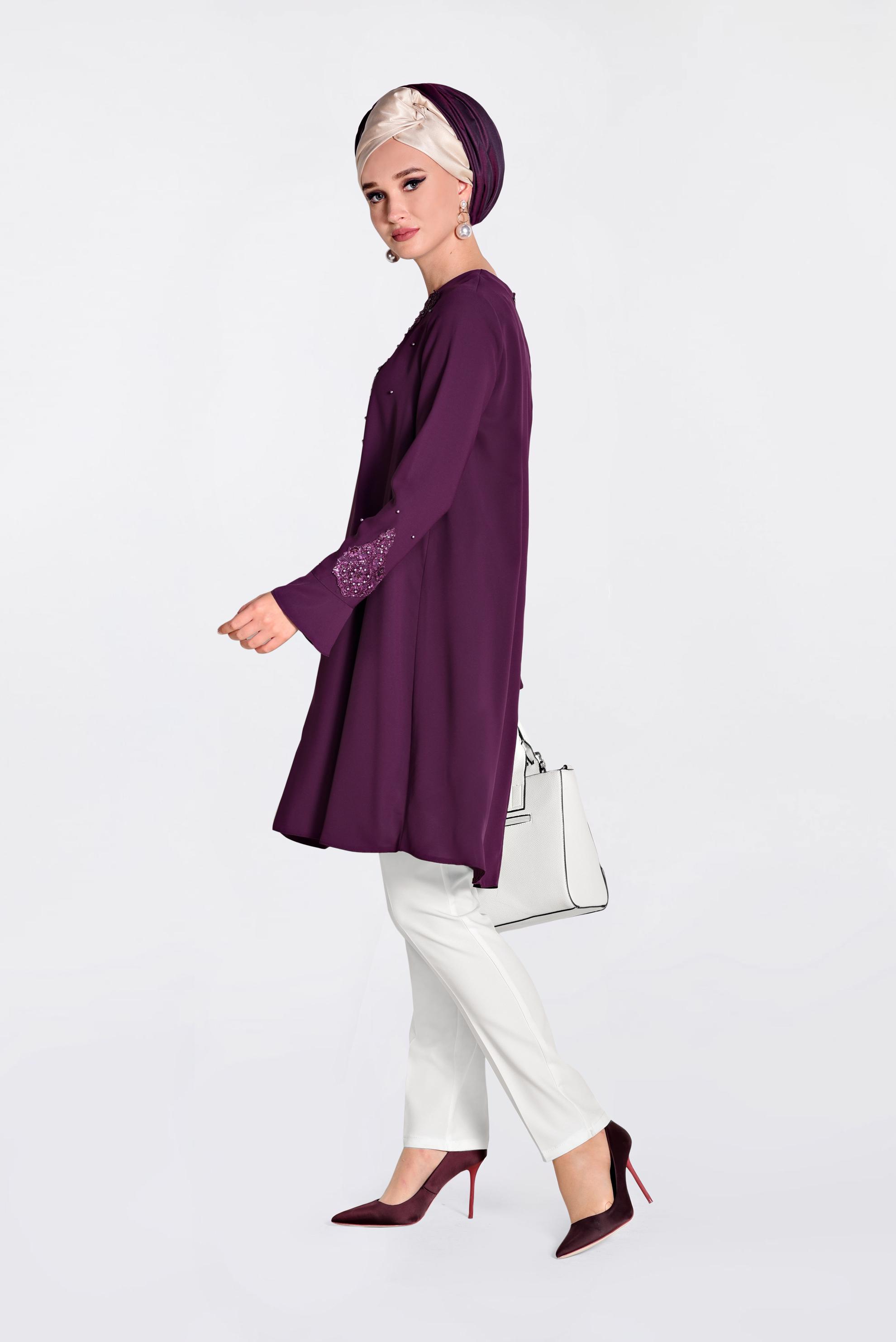 Tesettür giyim MÜRDÜM GÜPÜR VE BONCUK DETAYLI TUNİK 4239