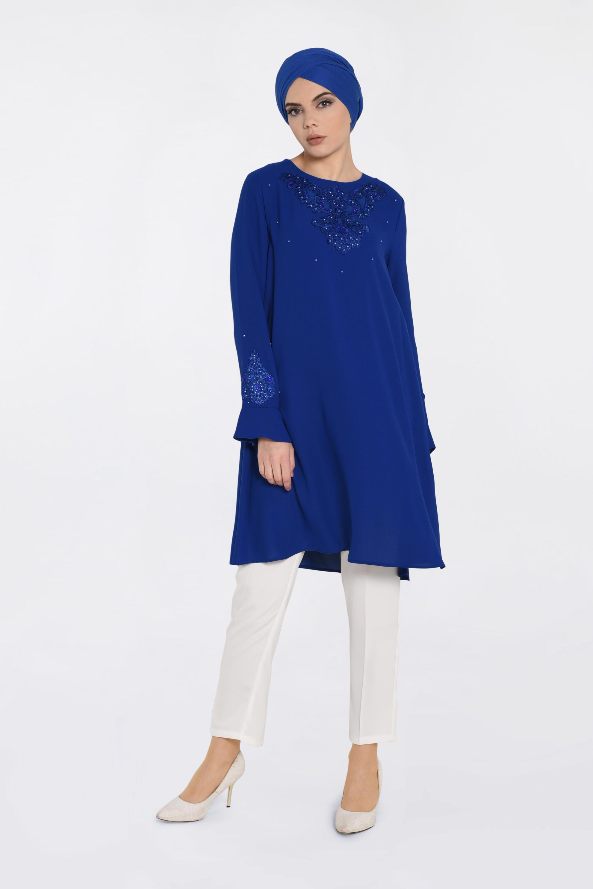 Tesettür giyim LACİVERT GÜPÜR VE BONCUK DETAYLI TUNİK 4239