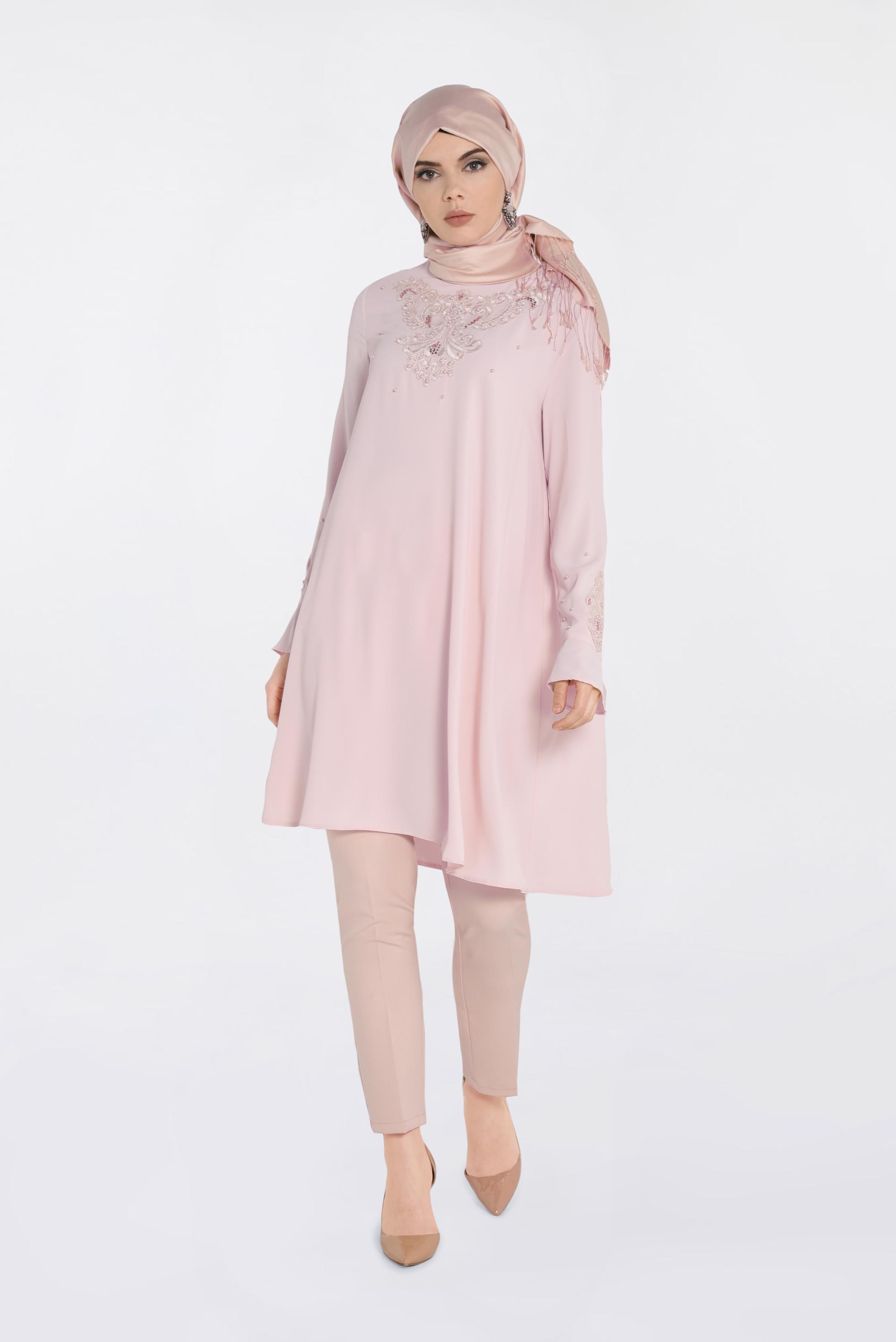 Tesettür giyim PUDRA GÜPÜR VE BONCUK DETAYLI TUNİK 4239