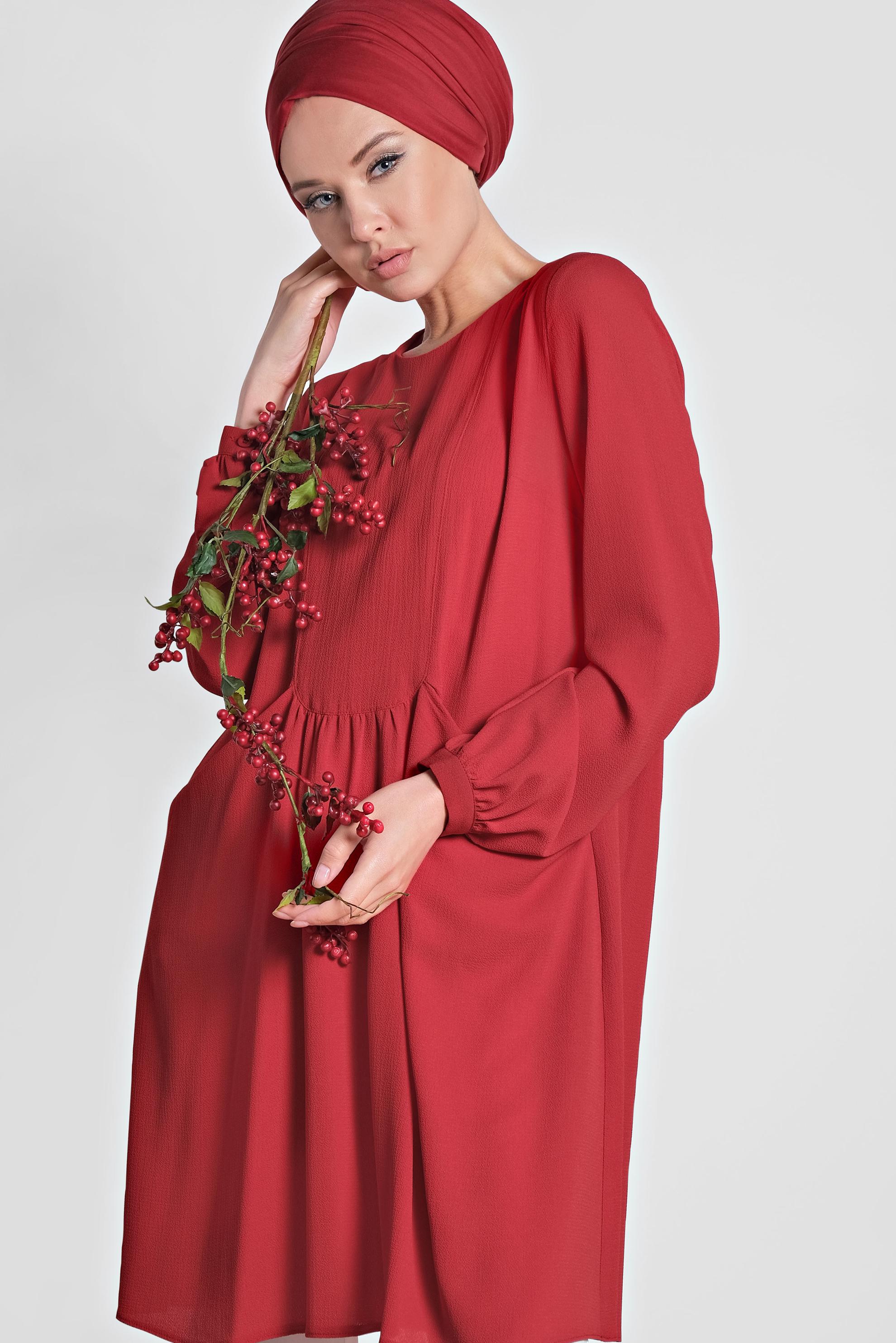 Tesettür giyim KIRMIZI CEPLİ BİSİKLET YAKA TUNİK 4240 