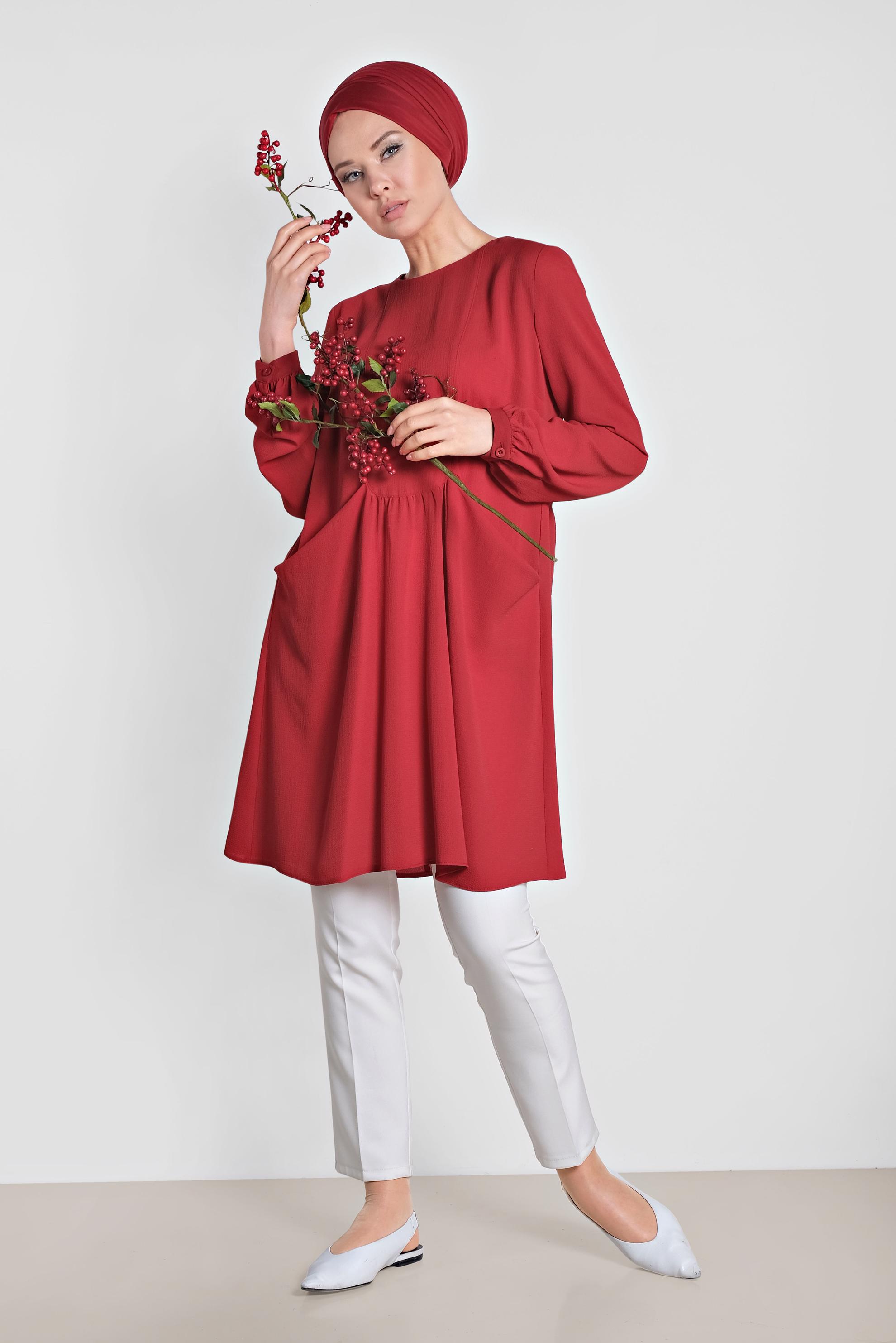 Tesettür giyim KIRMIZI CEPLİ BİSİKLET YAKA TUNİK 4240 