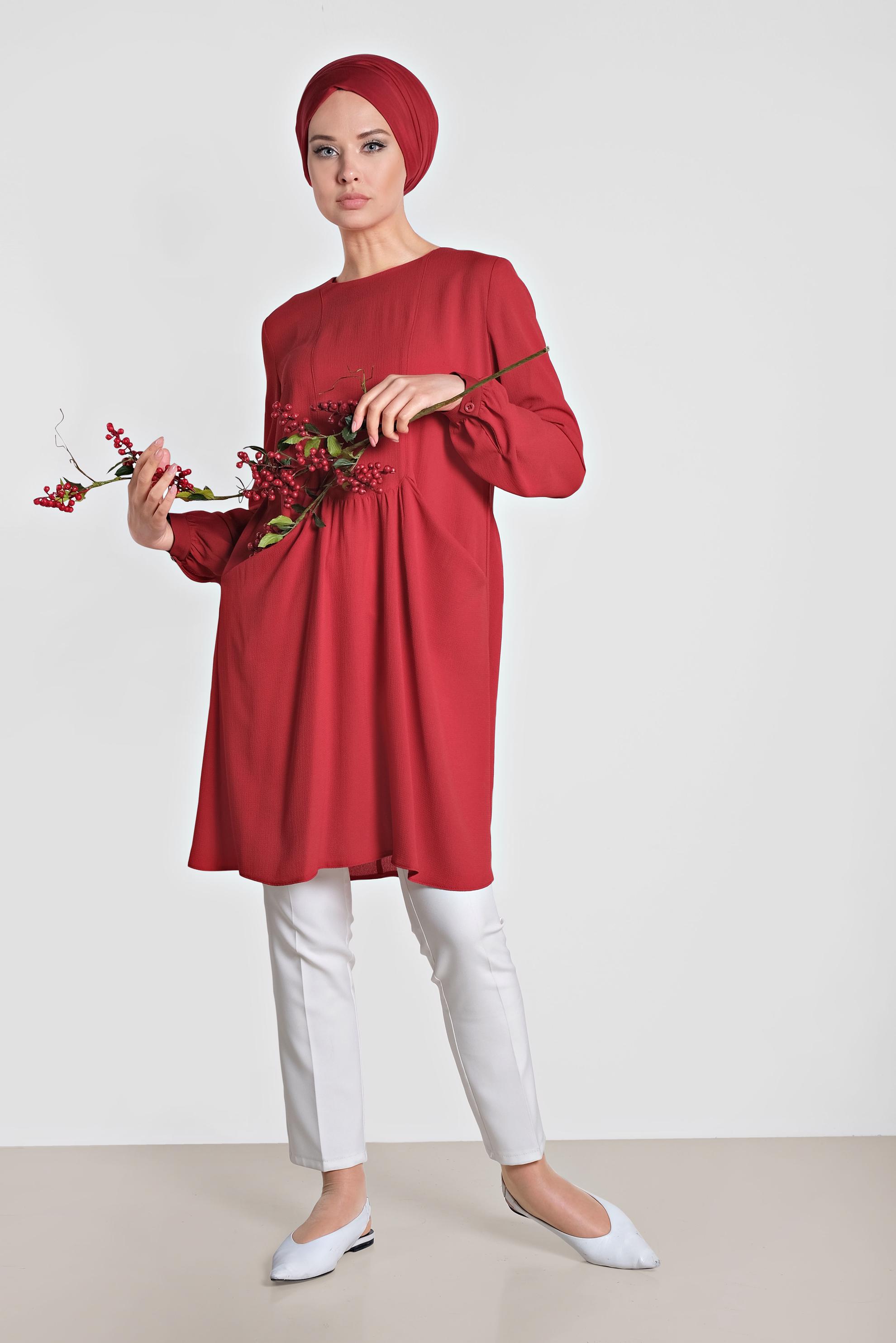 Tesettür giyim KIRMIZI CEPLİ BİSİKLET YAKA TUNİK 4240 