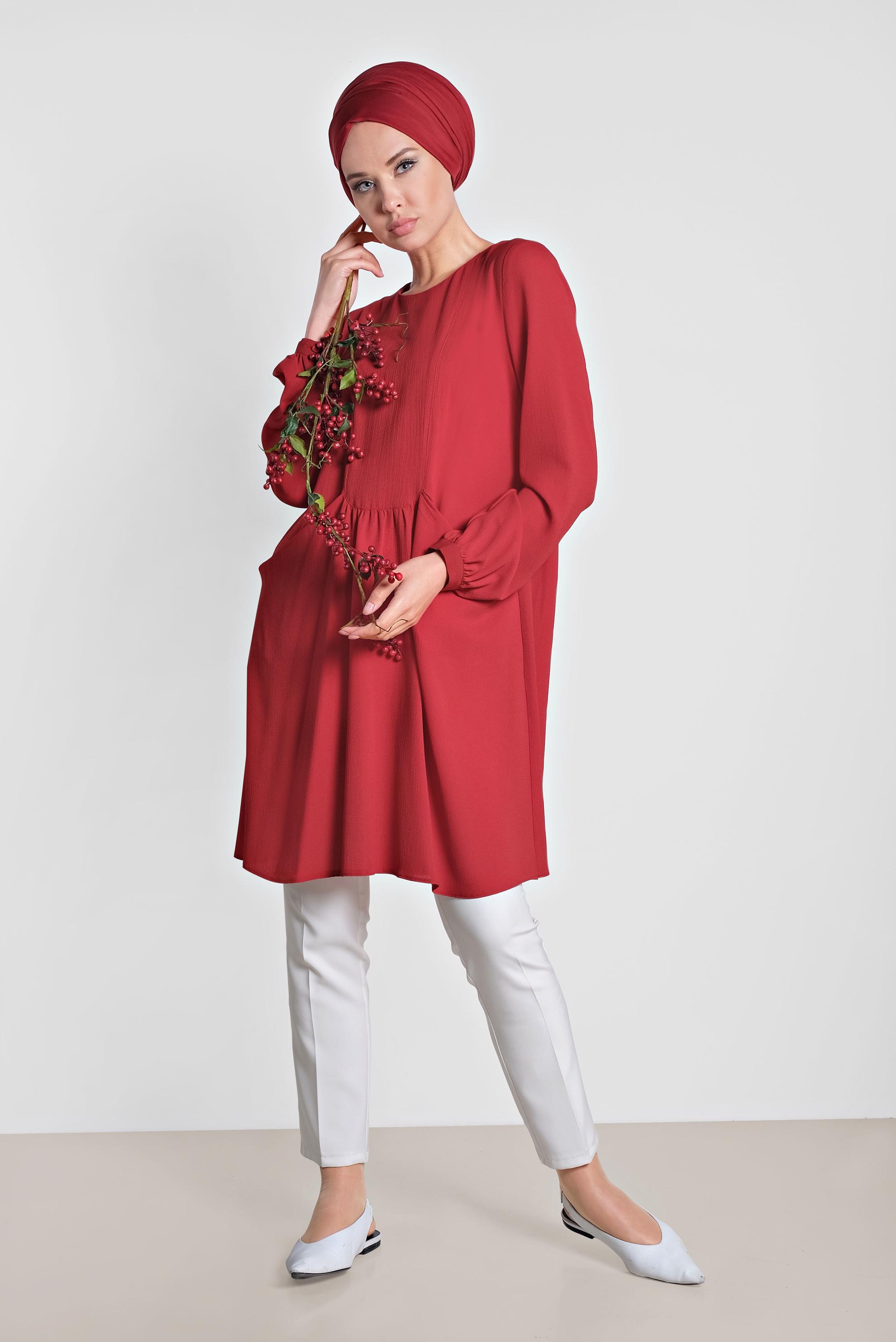 Tesettür giyim KIRMIZI CEPLİ BİSİKLET YAKA TUNİK 4240 