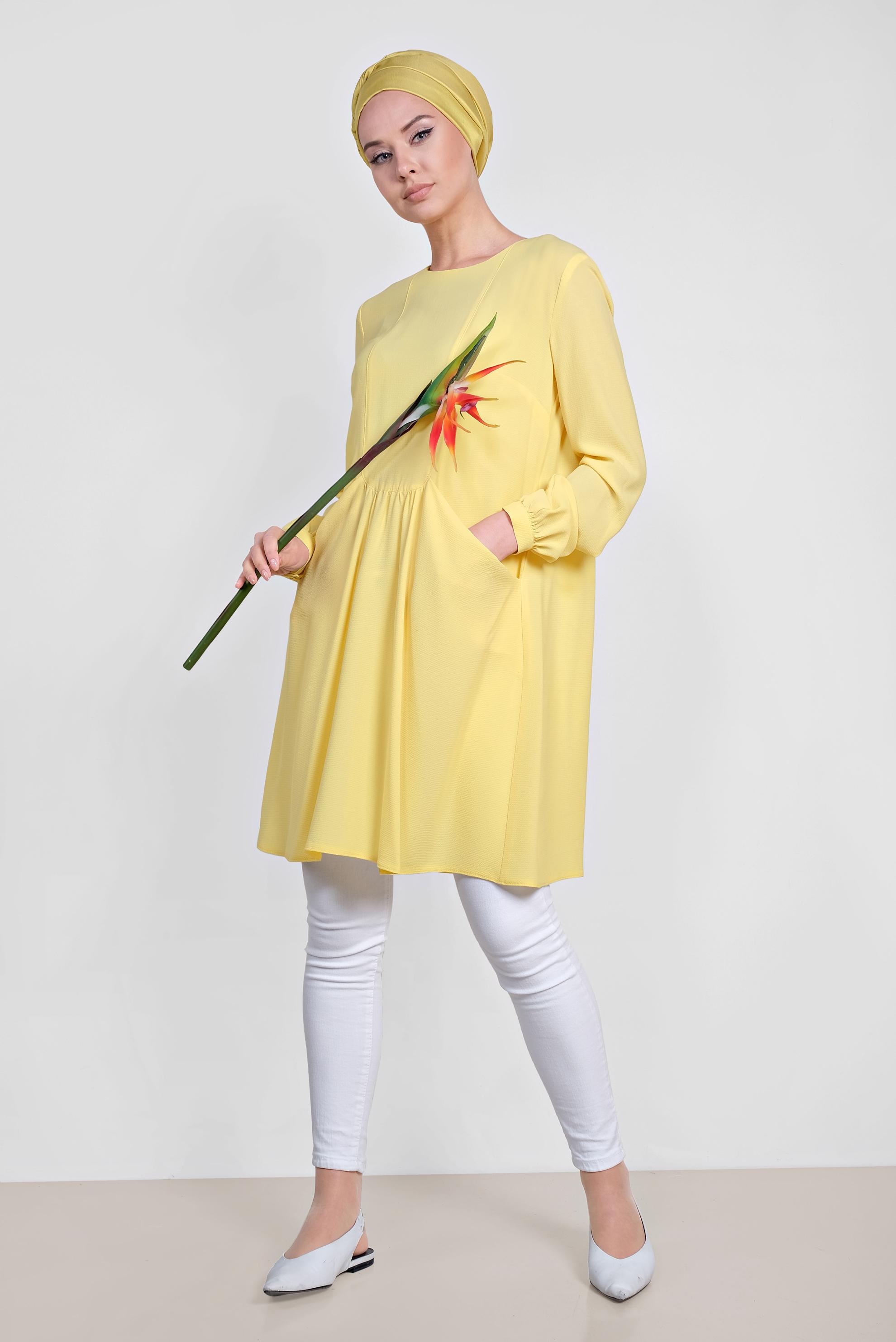 Tesettür giyim SARI CEPLİ BİSİKLET YAKA TUNİK 4240 