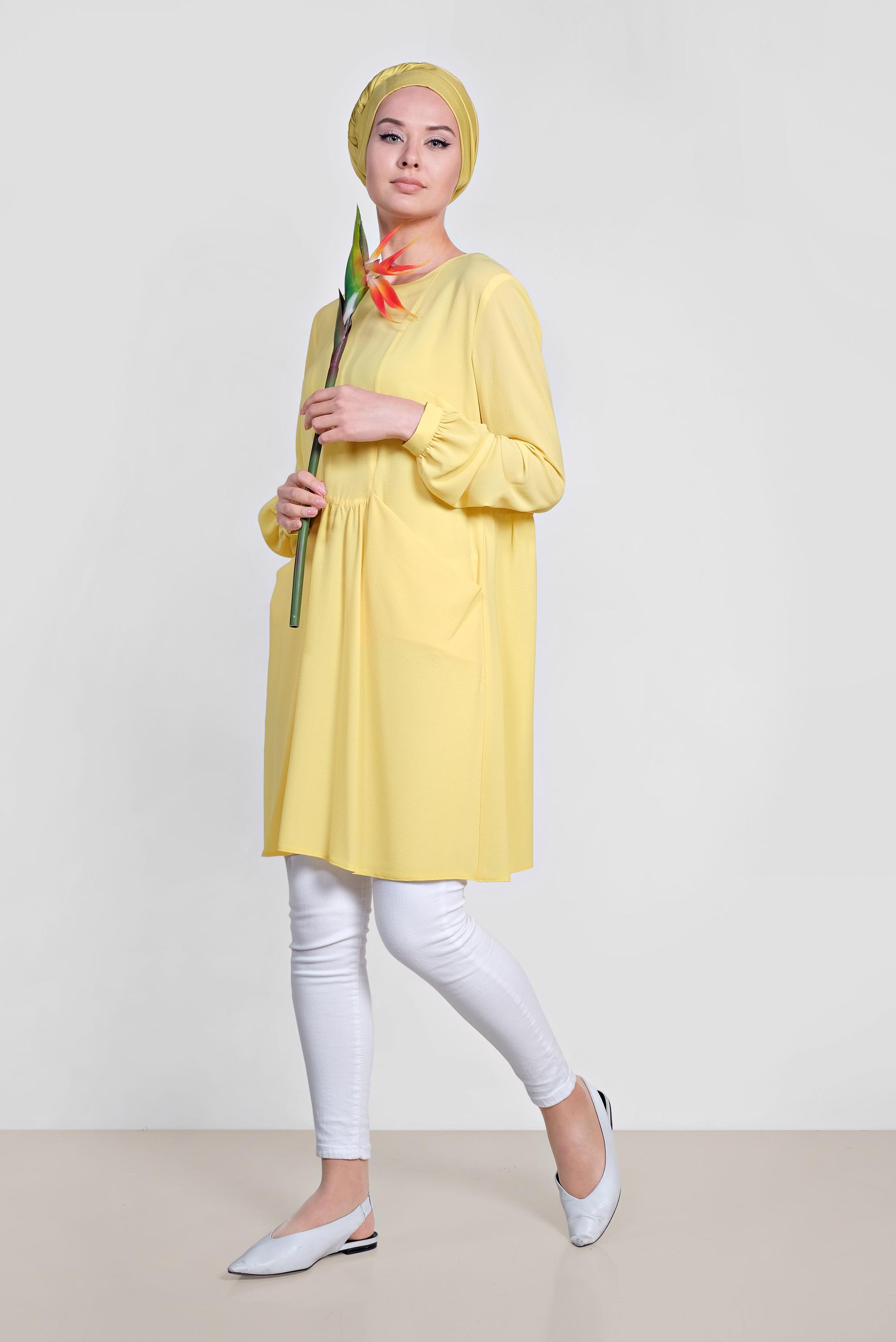 Tesettür giyim SARI CEPLİ BİSİKLET YAKA TUNİK 4240 