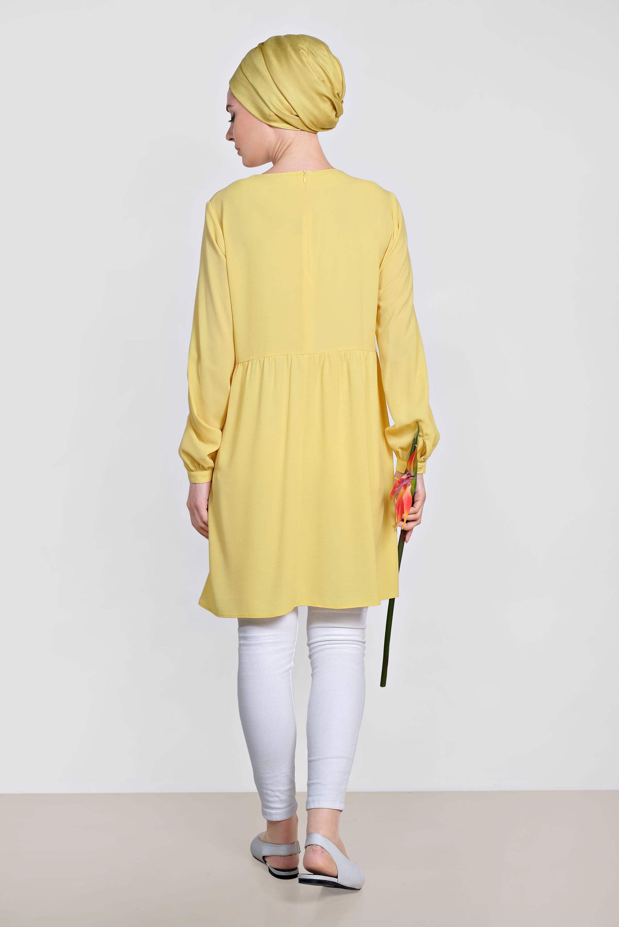Tesettür giyim SARI CEPLİ BİSİKLET YAKA TUNİK 4240 