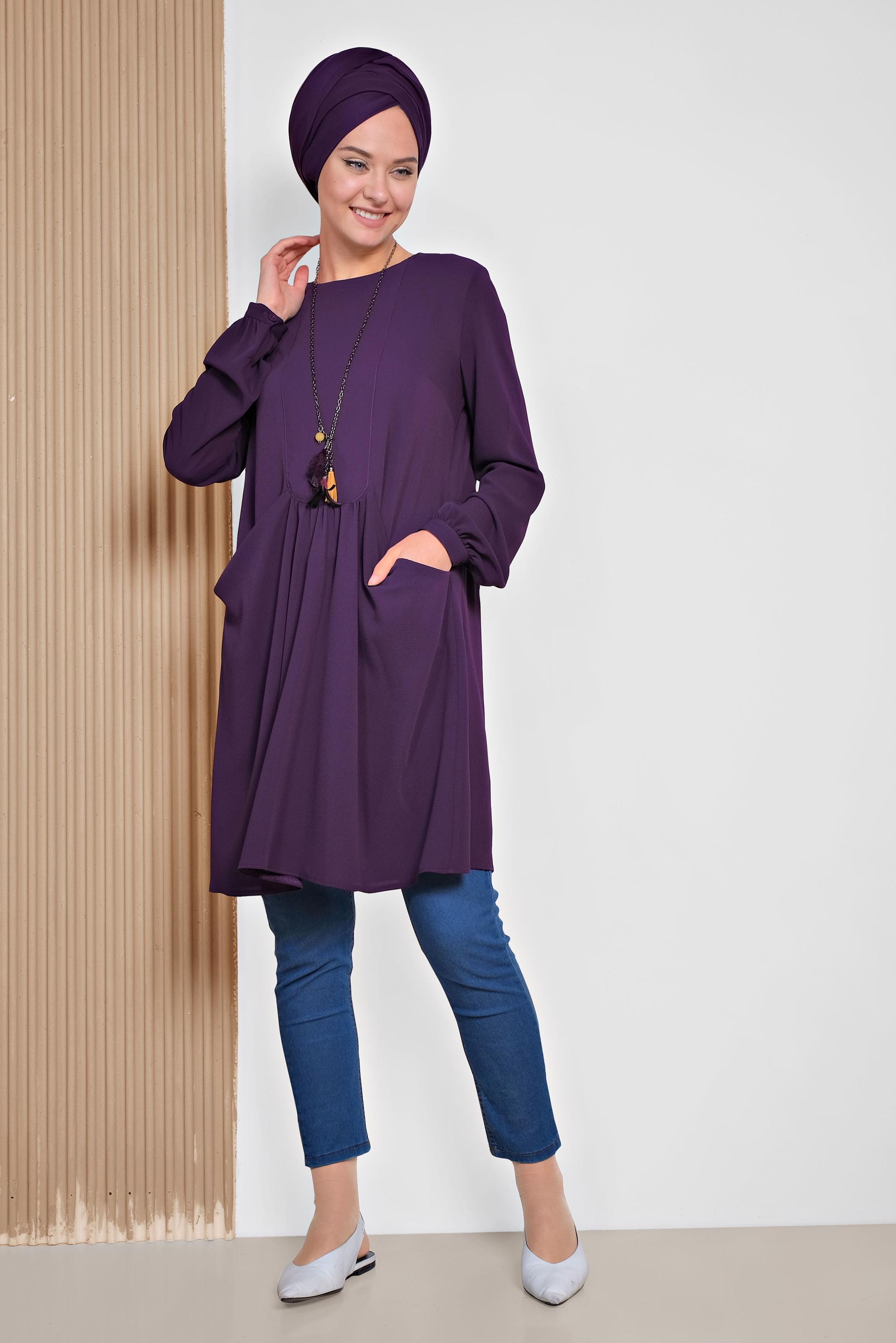 Tesettür giyim MOR CEPLİ BİSİKLET YAKA TUNİK 4240 