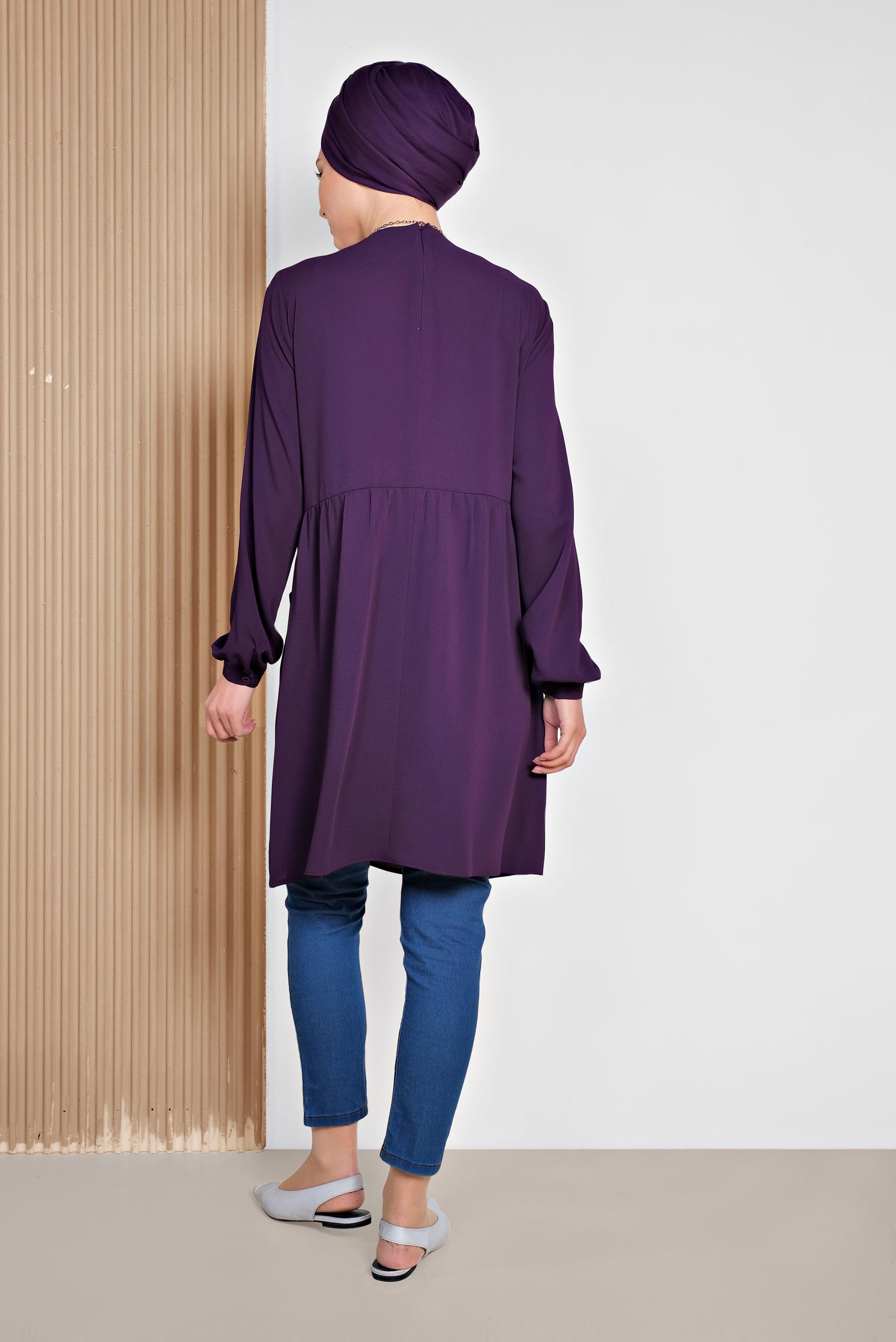 Tesettür giyim MOR CEPLİ BİSİKLET YAKA TUNİK 4240 