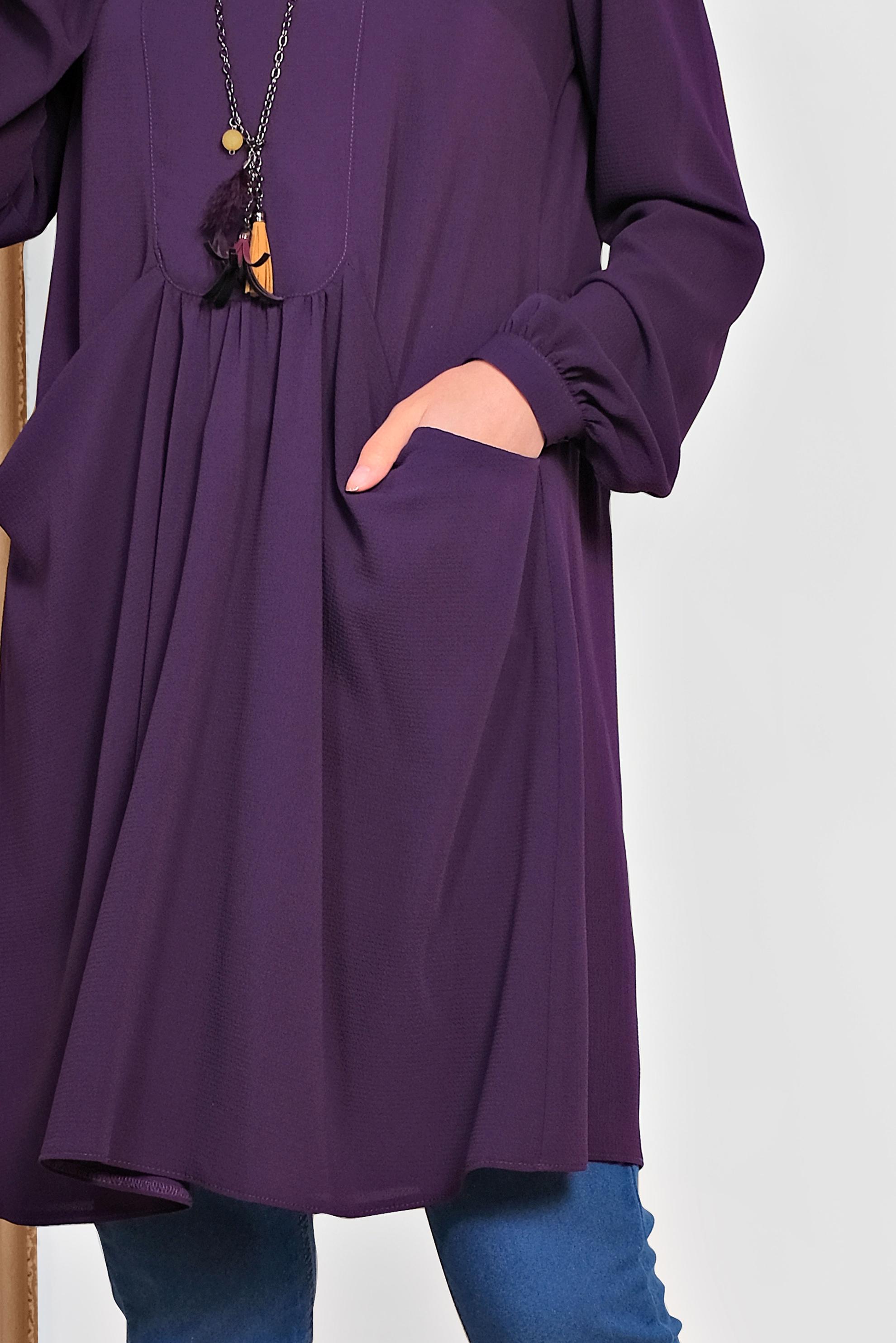 Tesettür giyim MOR CEPLİ BİSİKLET YAKA TUNİK 4240 