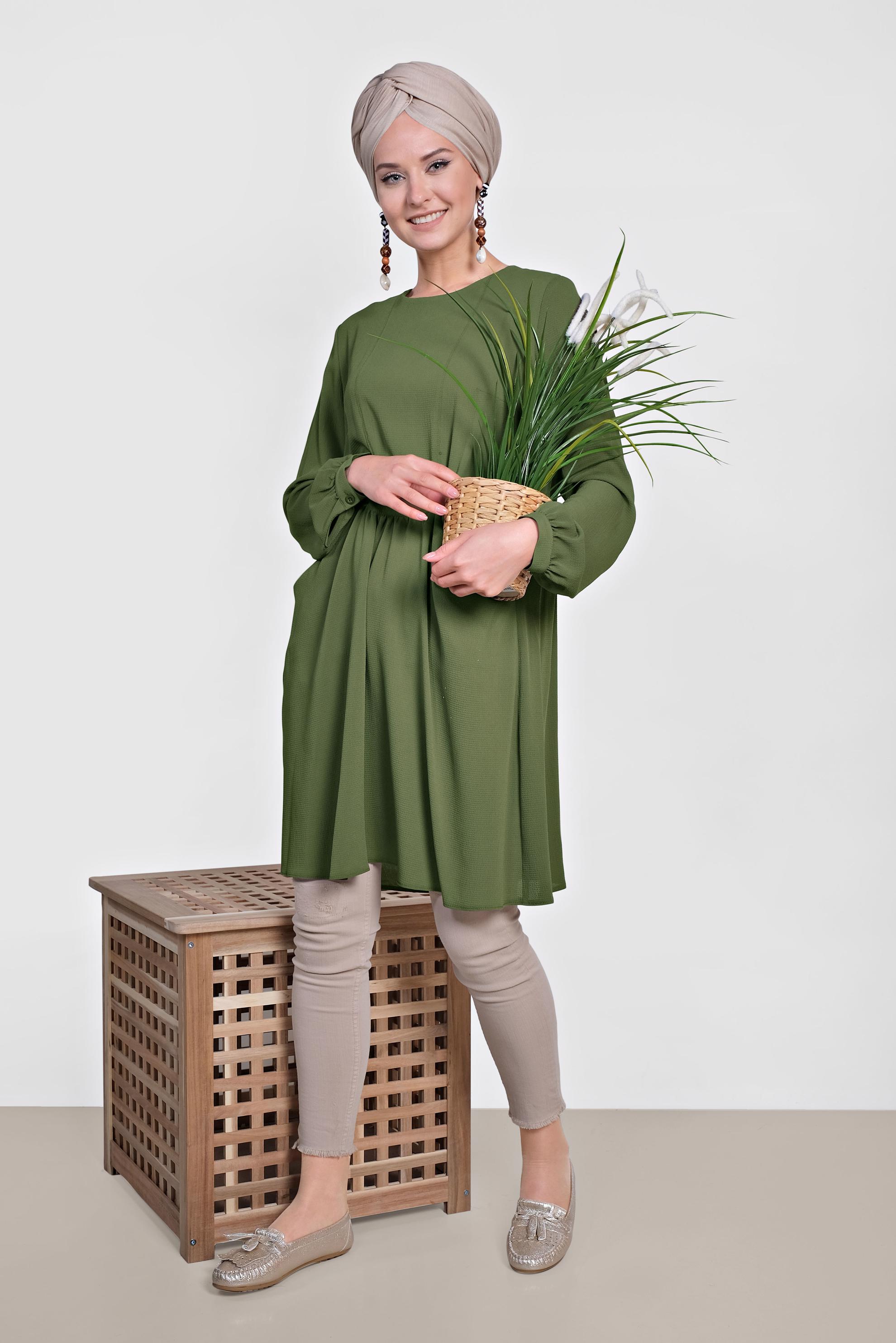 Tesettür giyim HAKİ CEPLİ BİSİKLET YAKA TUNİK 4240 