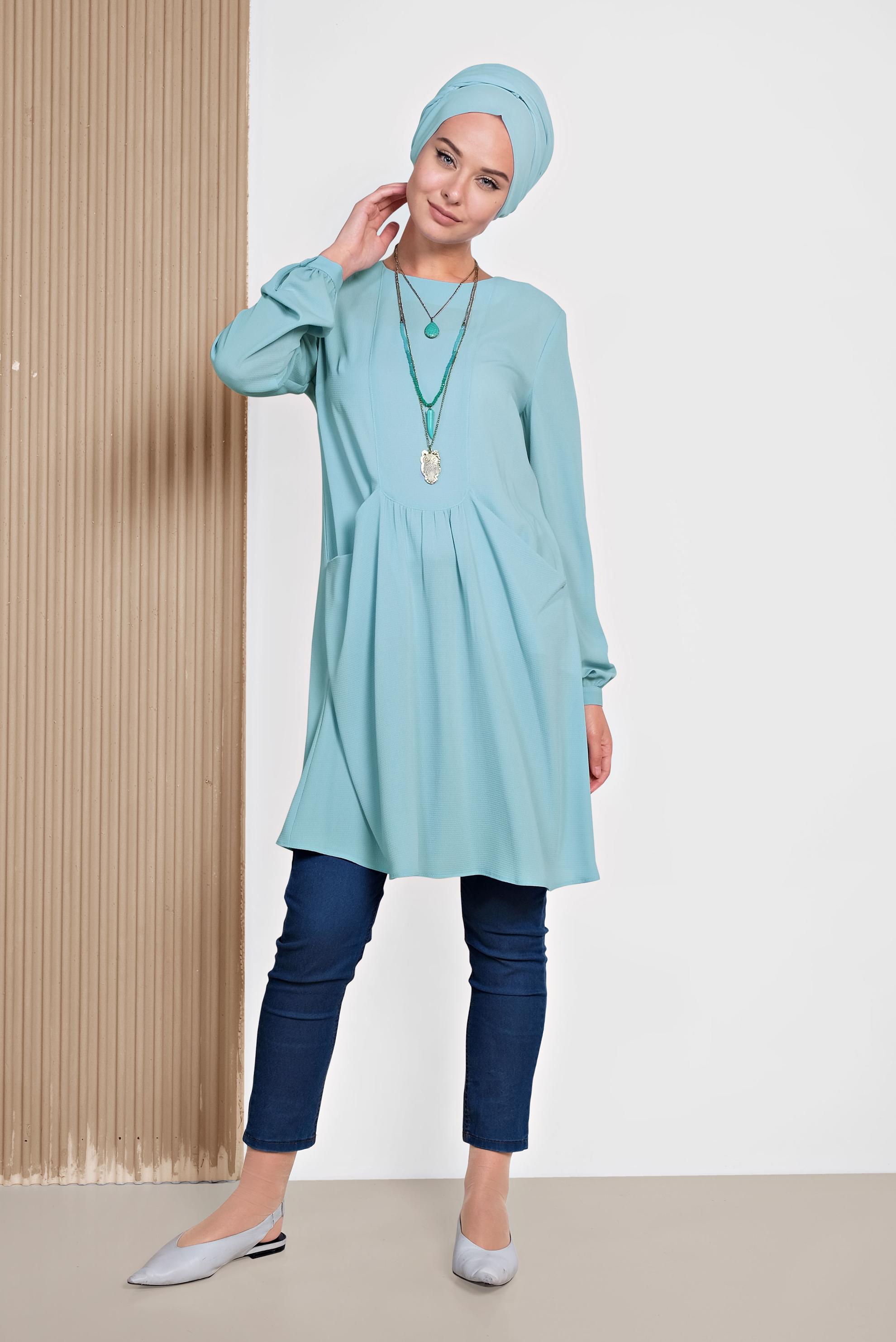 Tesettür giyim MAVİ CEPLİ BİSİKLET YAKA TUNİK 4240 