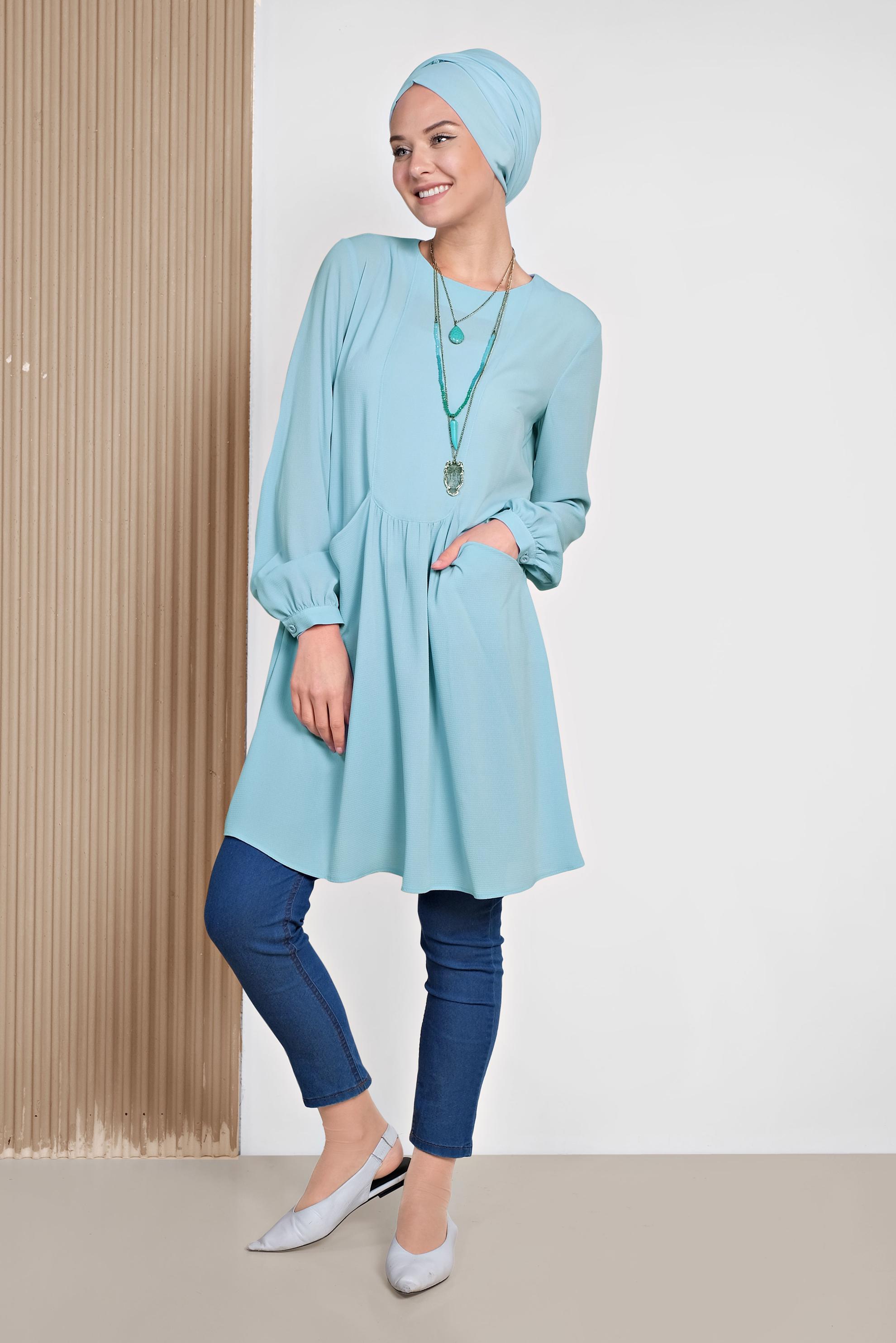 Tesettür giyim MAVİ CEPLİ BİSİKLET YAKA TUNİK 4240 