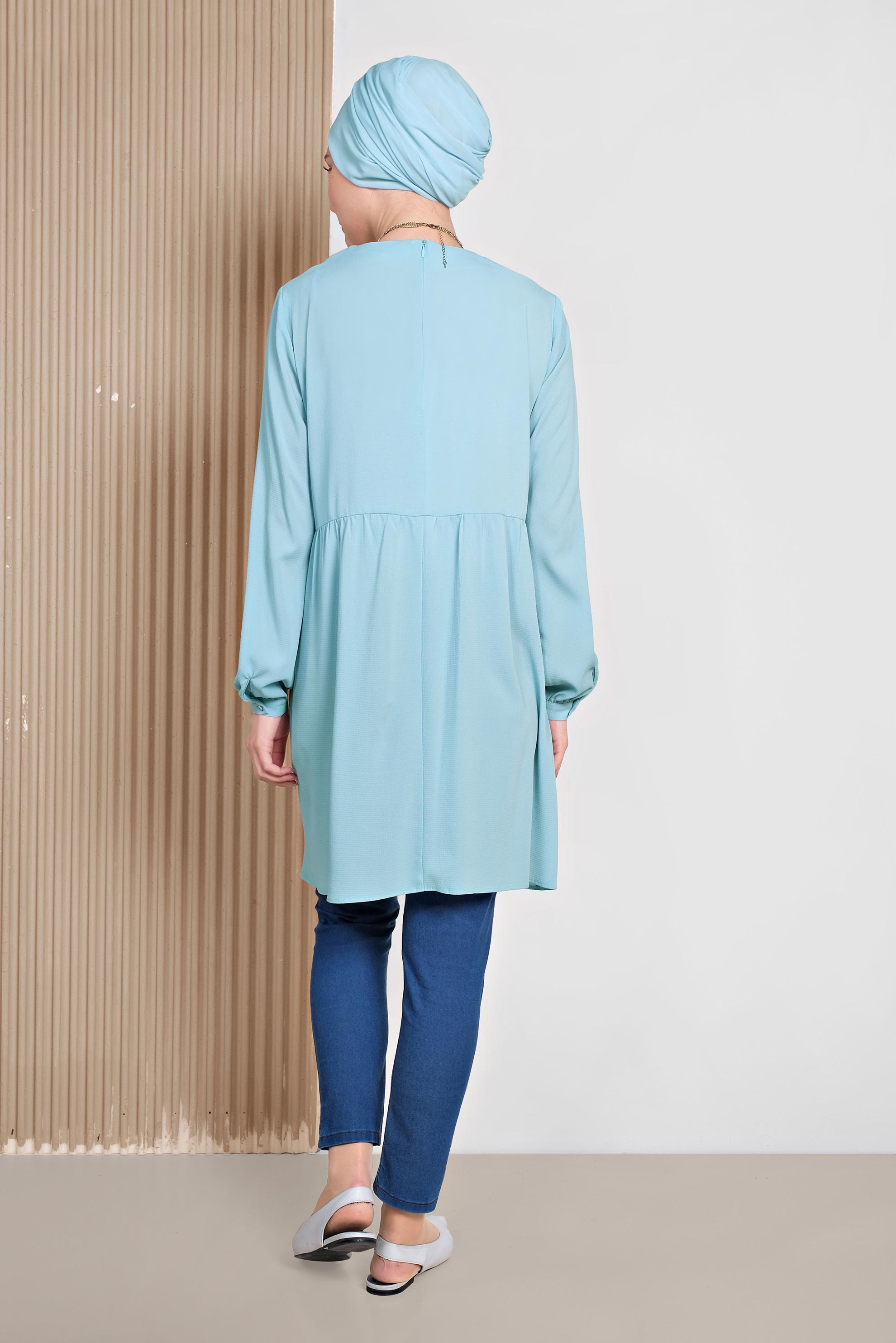 Tesettür giyim MAVİ CEPLİ BİSİKLET YAKA TUNİK 4240 