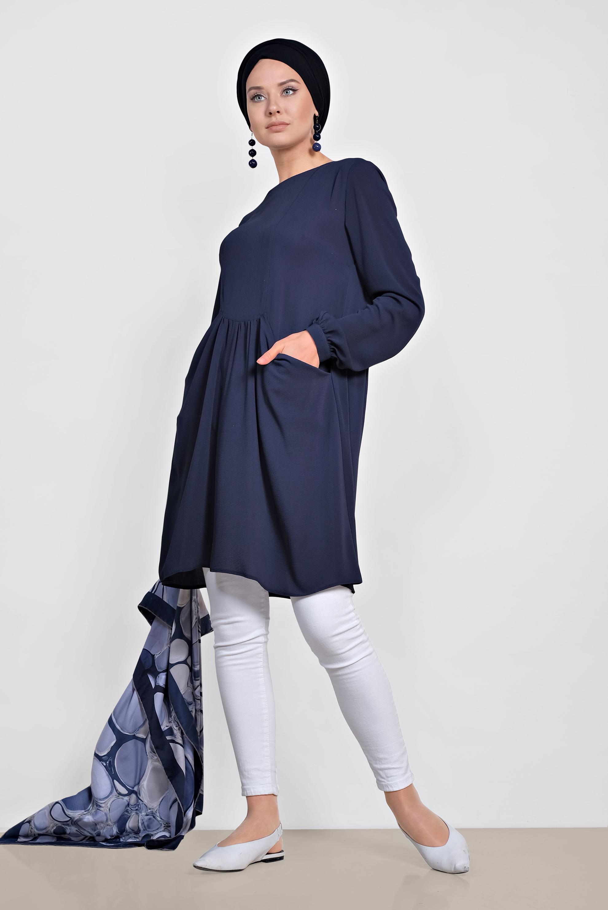 Tesettür giyim LACİVERT CEPLİ BİSİKLET YAKA TUNİK 4240 