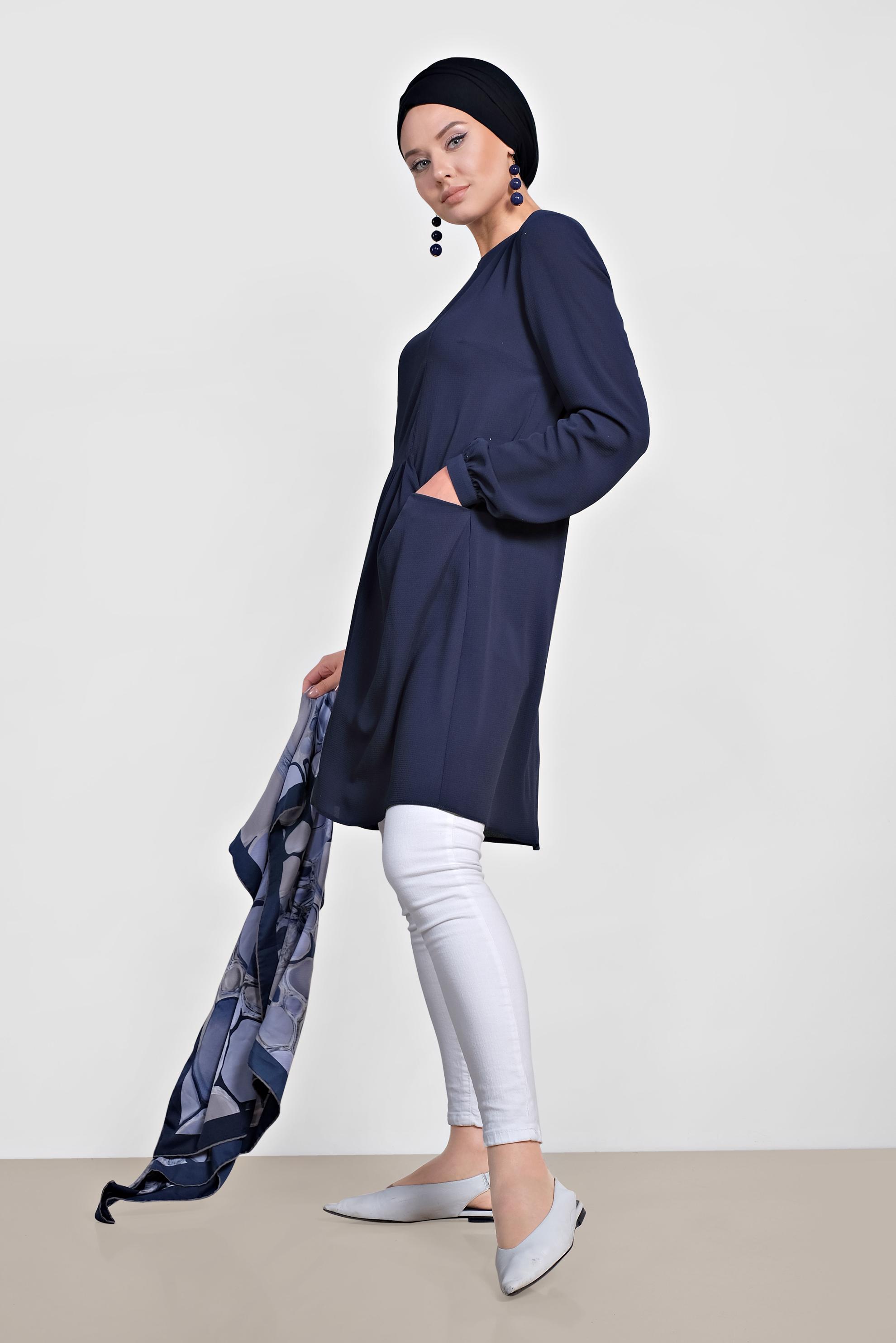 Tesettür giyim LACİVERT CEPLİ BİSİKLET YAKA TUNİK 4240 