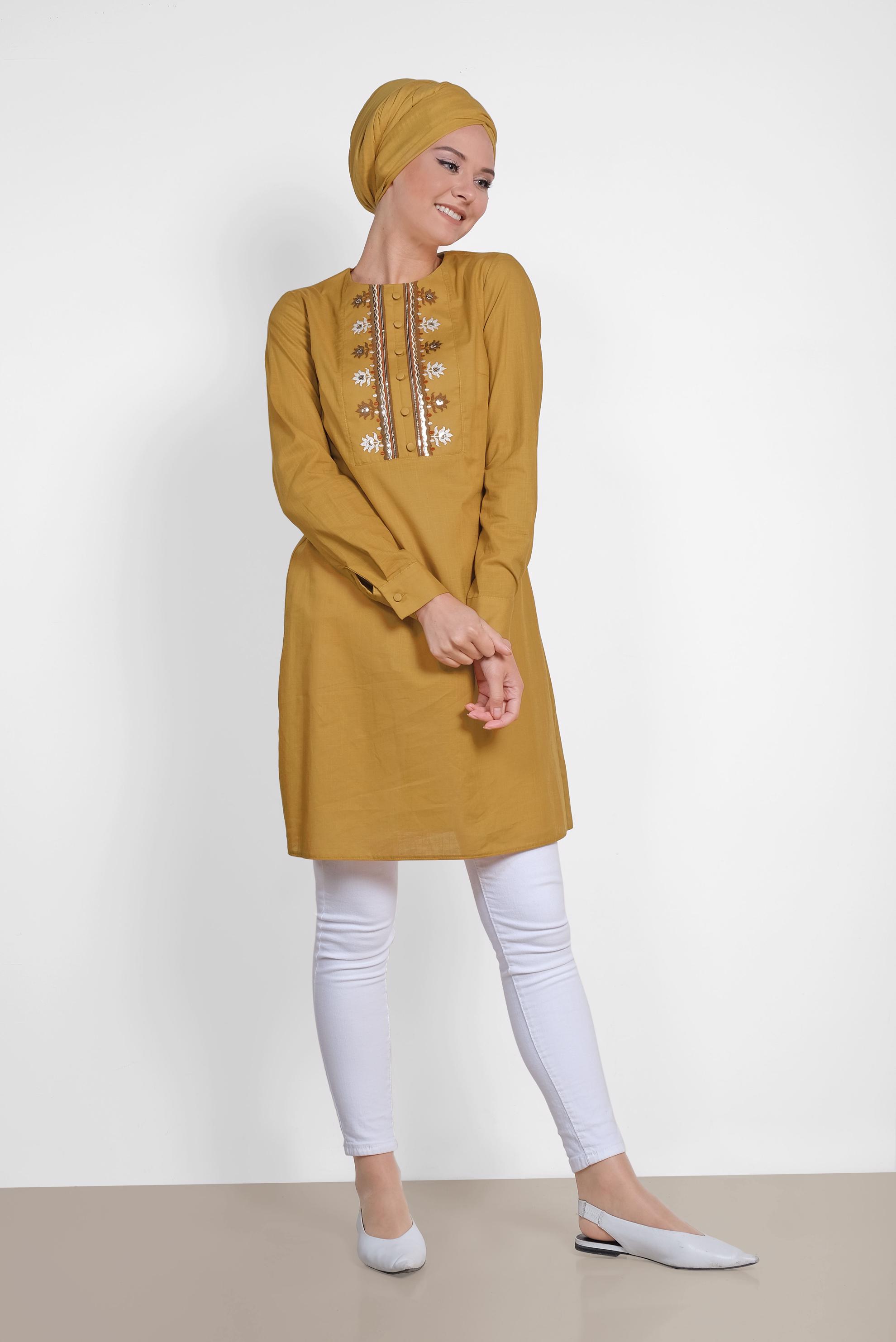 Tesettür giyim SARI PUL İŞLEMELİ NAKIŞLI TUNİK 4242