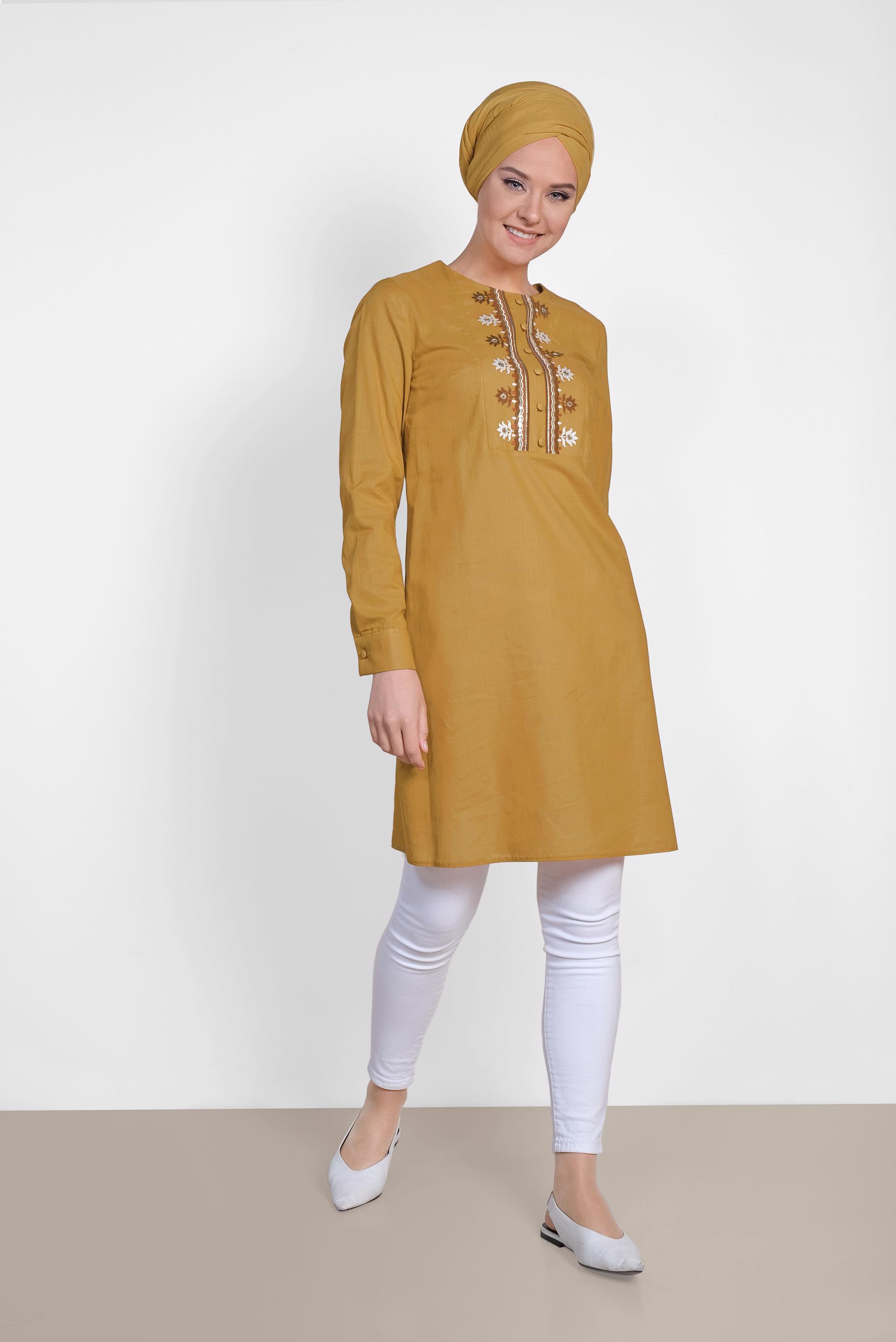 Tesettür giyim SARI PUL İŞLEMELİ NAKIŞLI TUNİK 4242