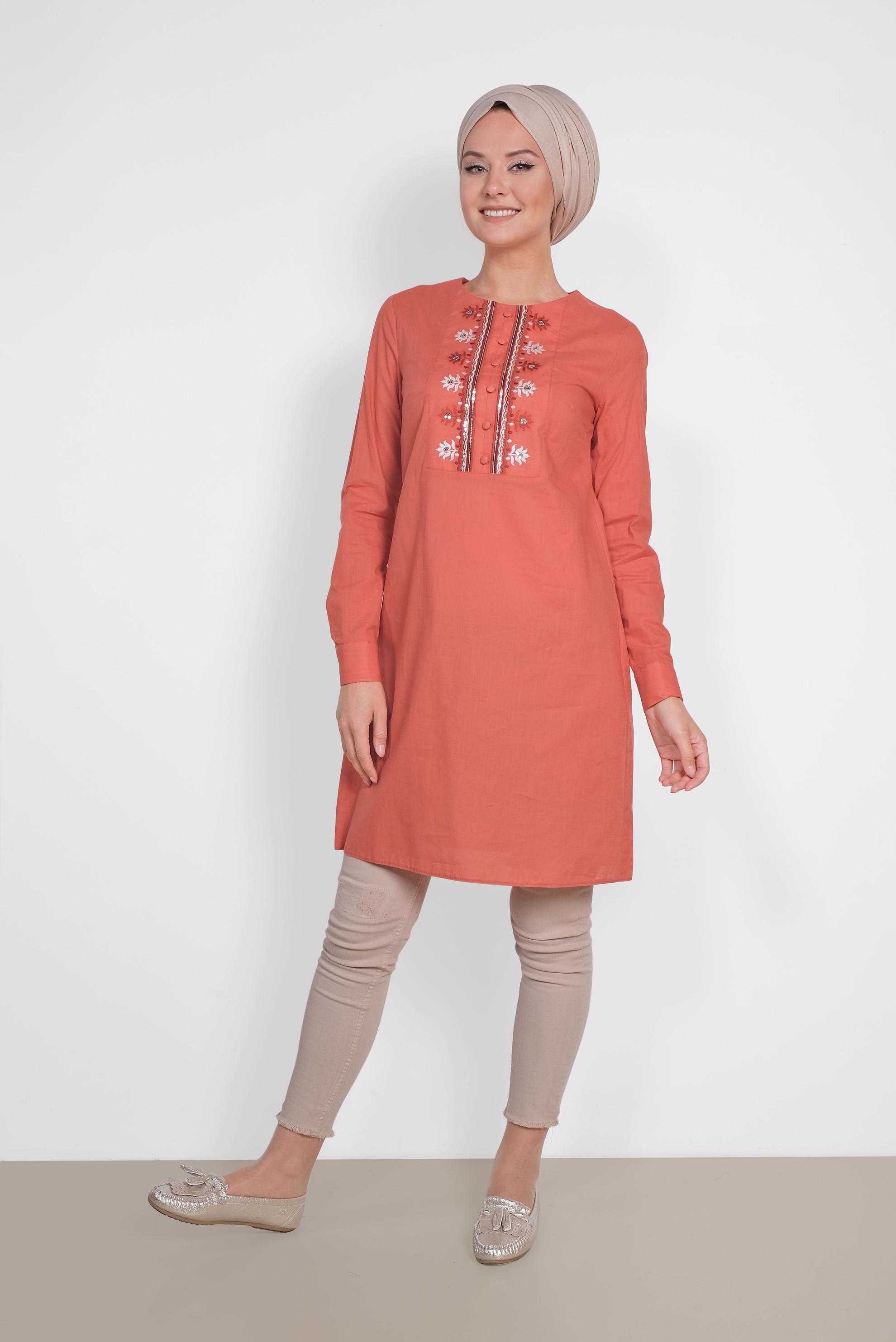 Tesettür giyim TURUNCU PUL İŞLEMELİ NAKIŞLI TUNİK 4242