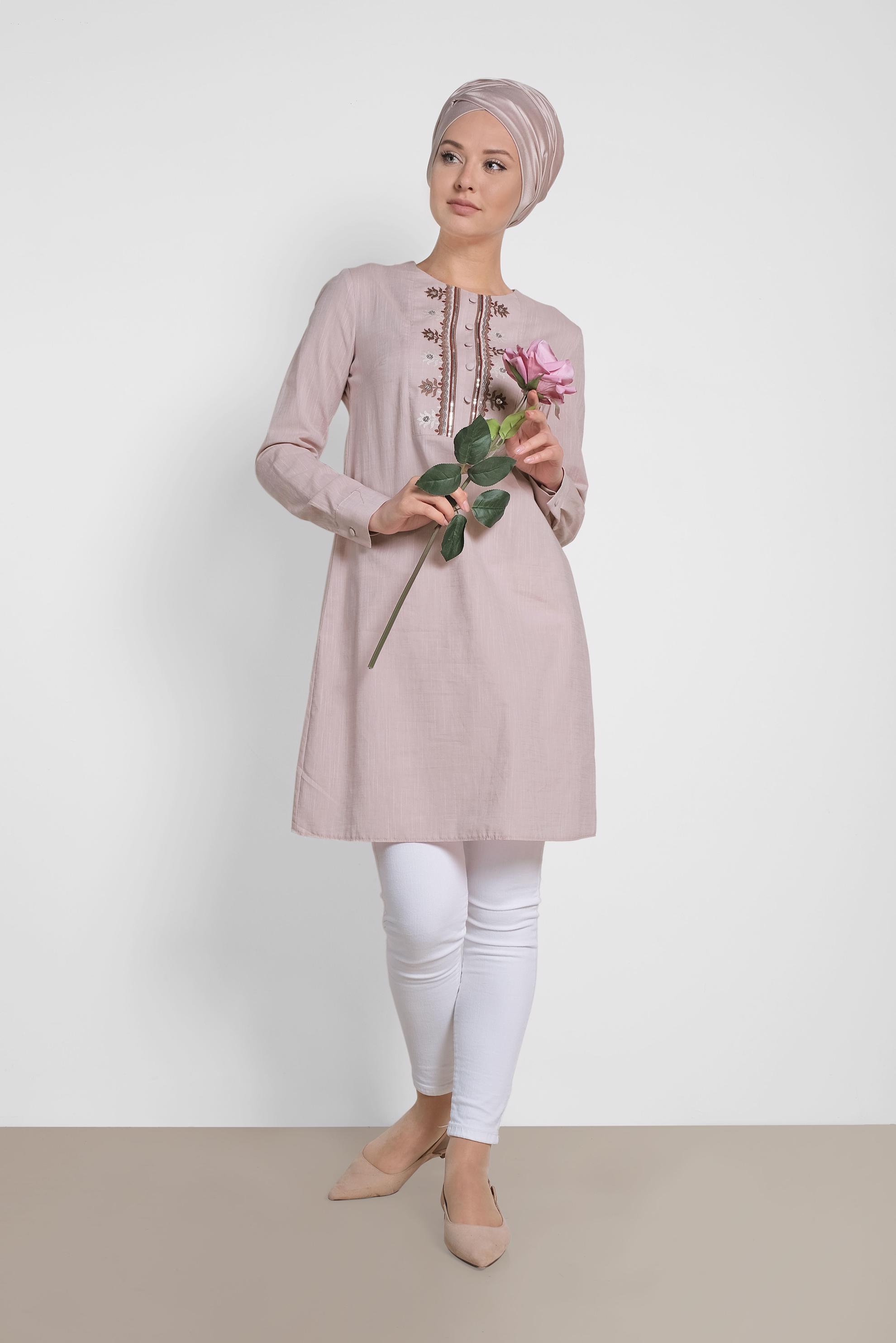 Tesettür giyim PUDRA PUL İŞLEMELİ NAKIŞLI TUNİK 4242