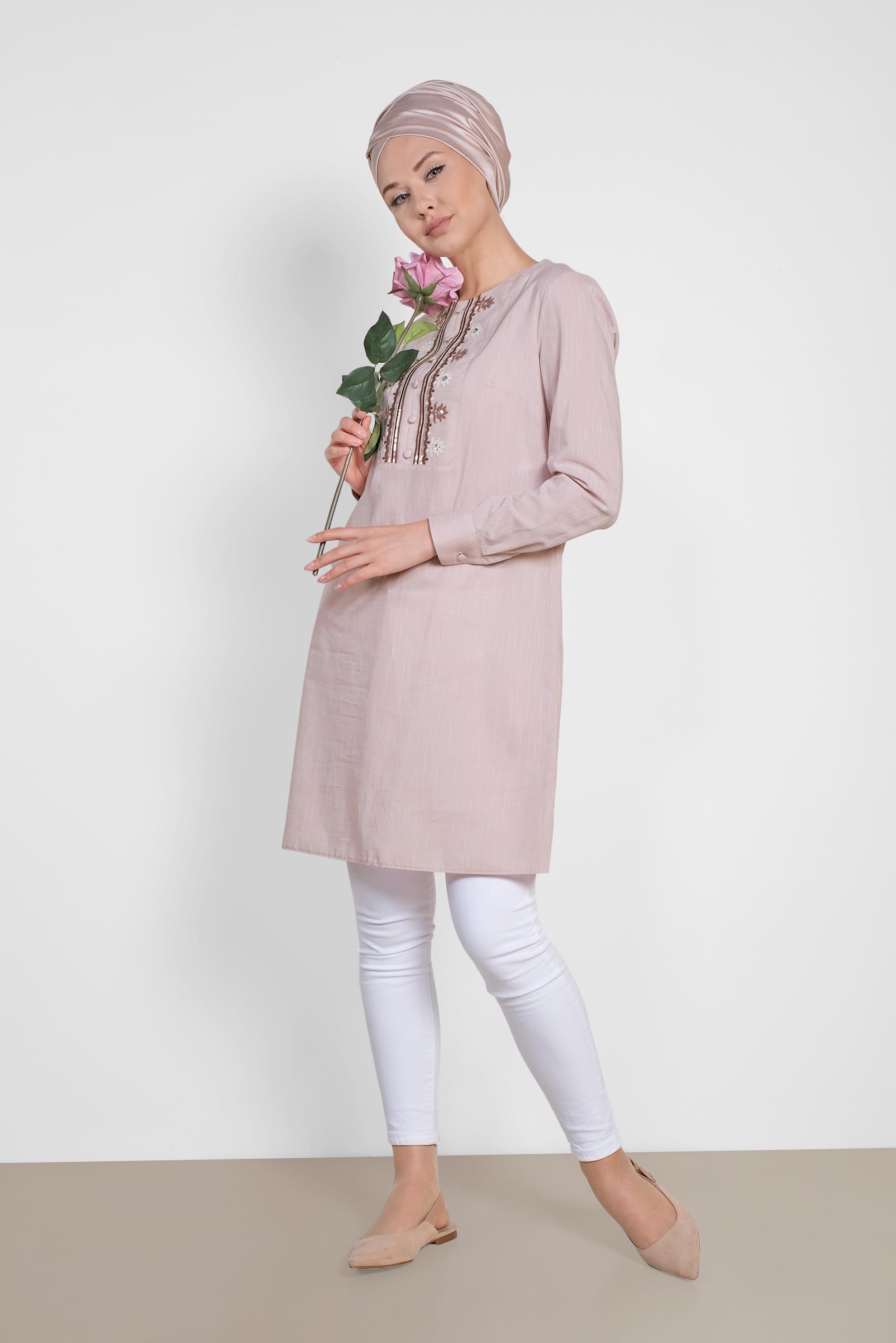 Tesettür giyim PUDRA PUL İŞLEMELİ NAKIŞLI TUNİK 4242