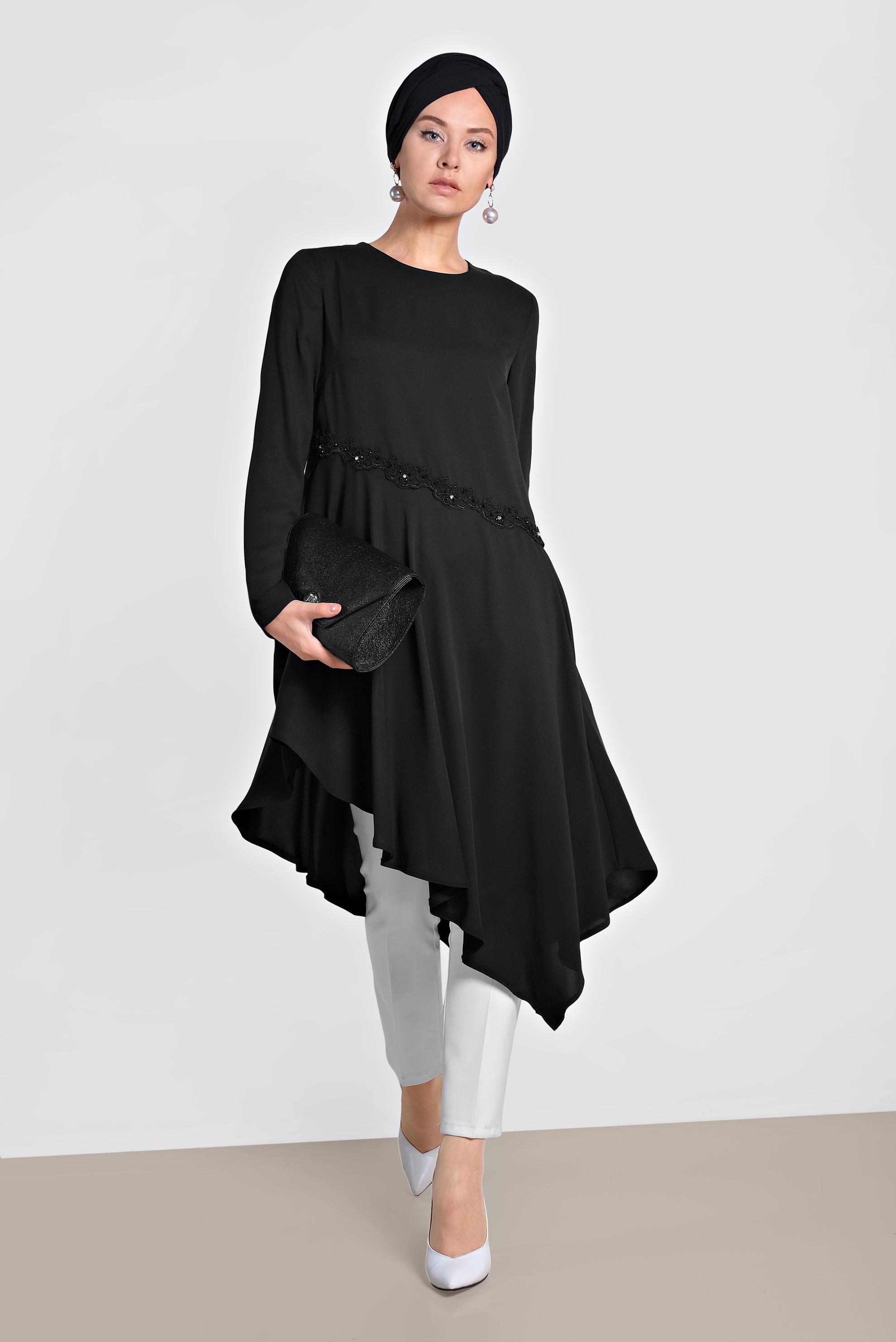 Tesettür giyim SİYAH ASİMETRİK KESİMLİ TUNİK 4250