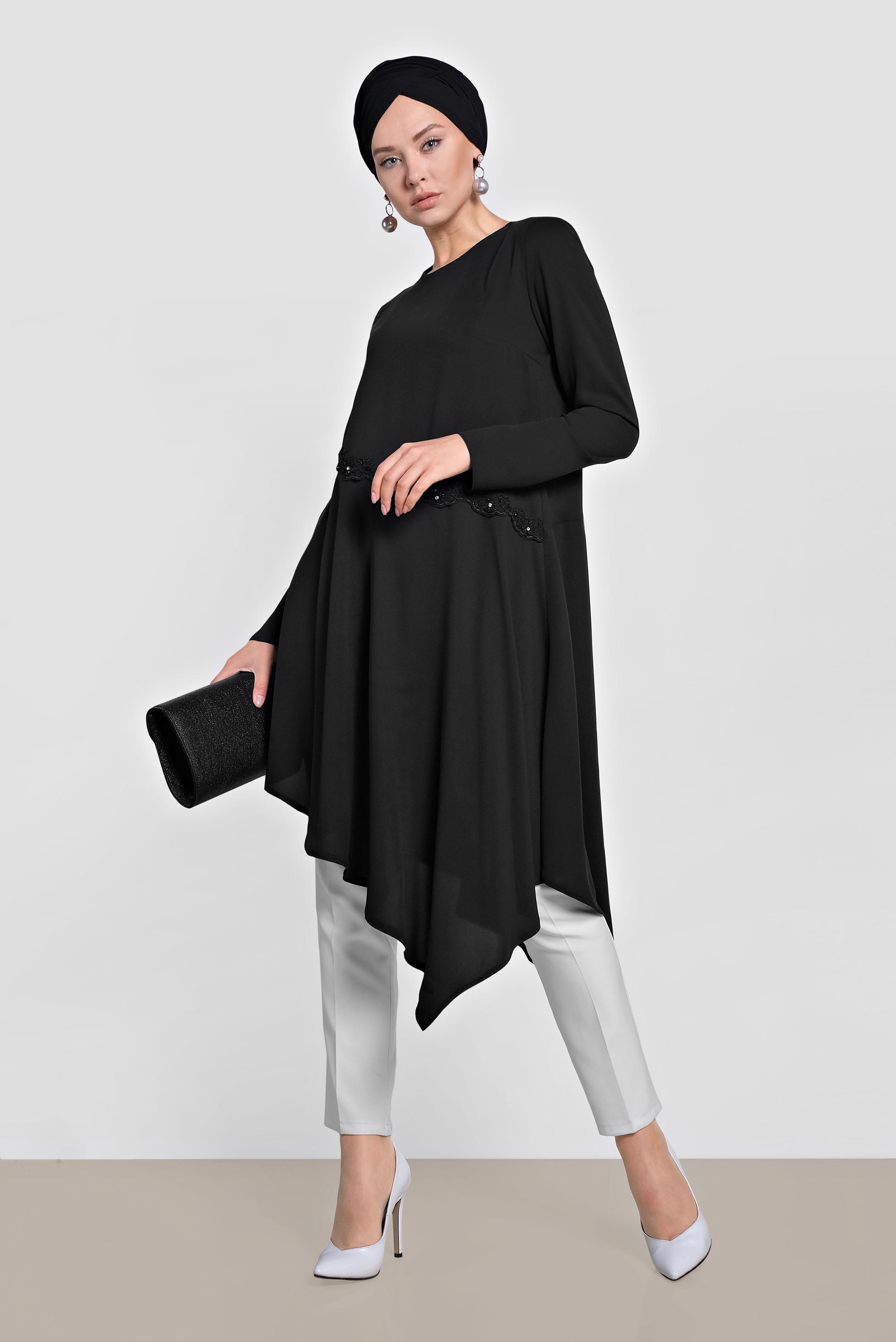 Tesettür giyim SİYAH ASİMETRİK KESİMLİ TUNİK 4250