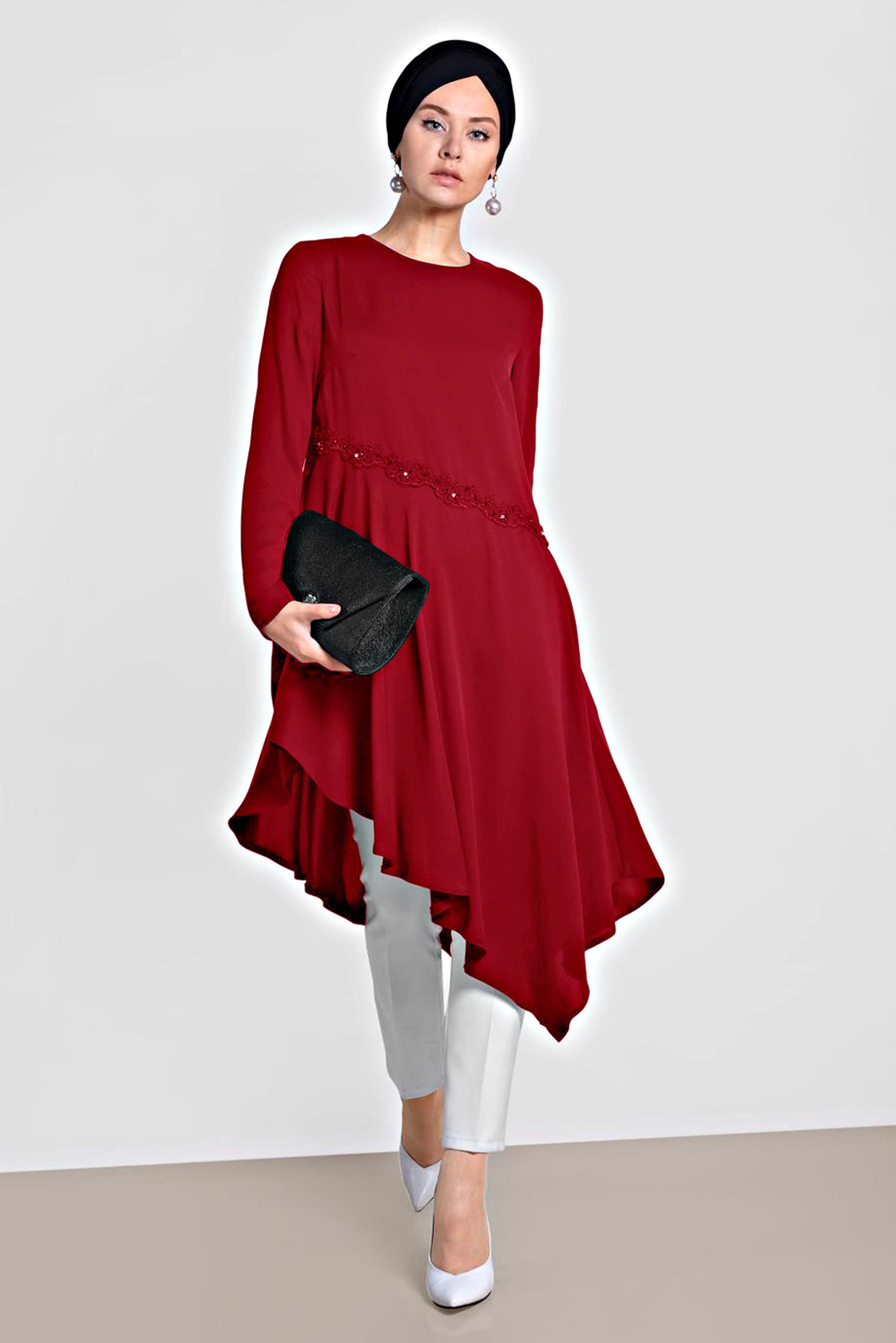 Tesettür giyim BORDO ASİMETRİK KESİMLİ TUNİK 4250