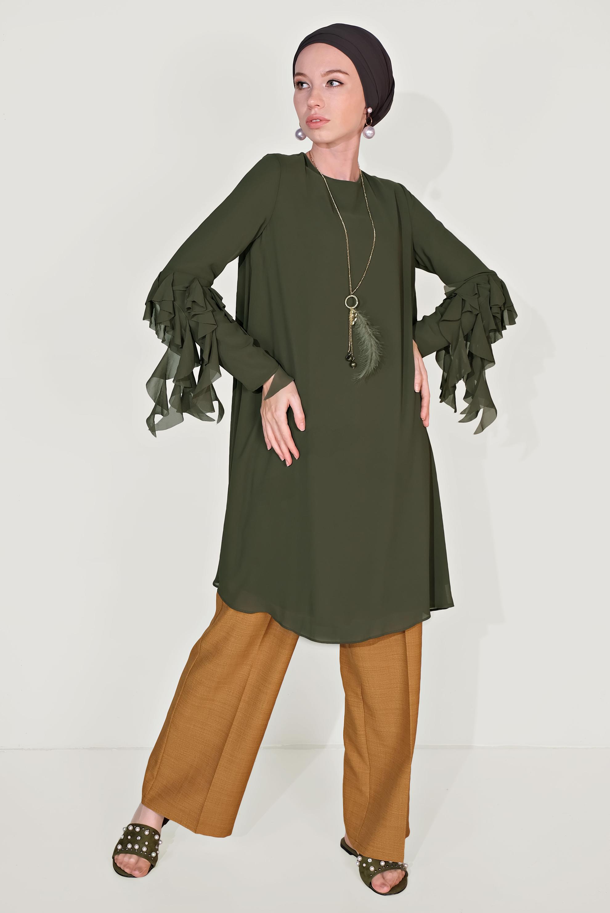 Tesettür giyim HAKİ KOLLARI FIRFIR DETAYLI ŞİFON TUNİK 4257