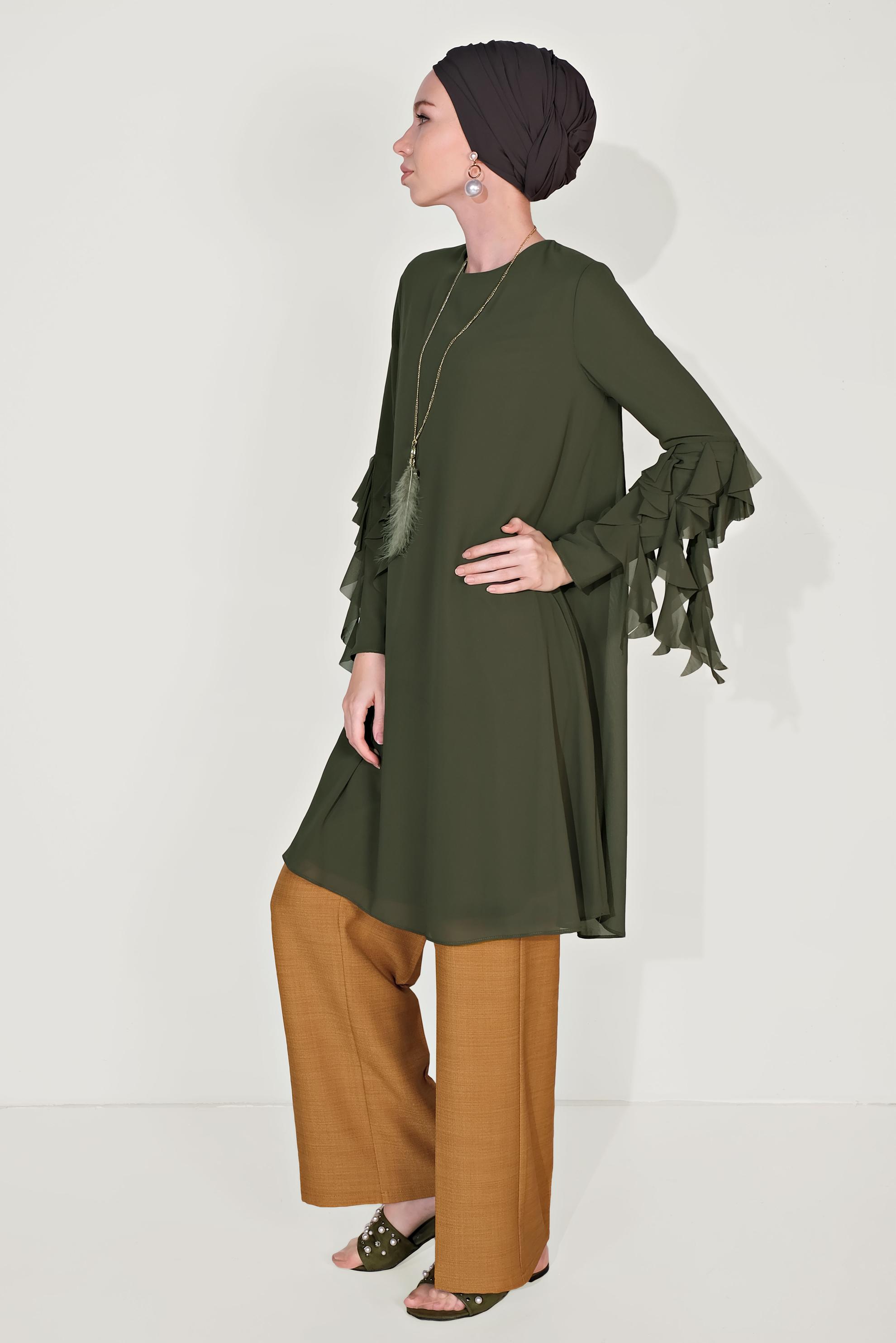 Tesettür giyim HAKİ KOLLARI FIRFIR DETAYLI ŞİFON TUNİK 4257