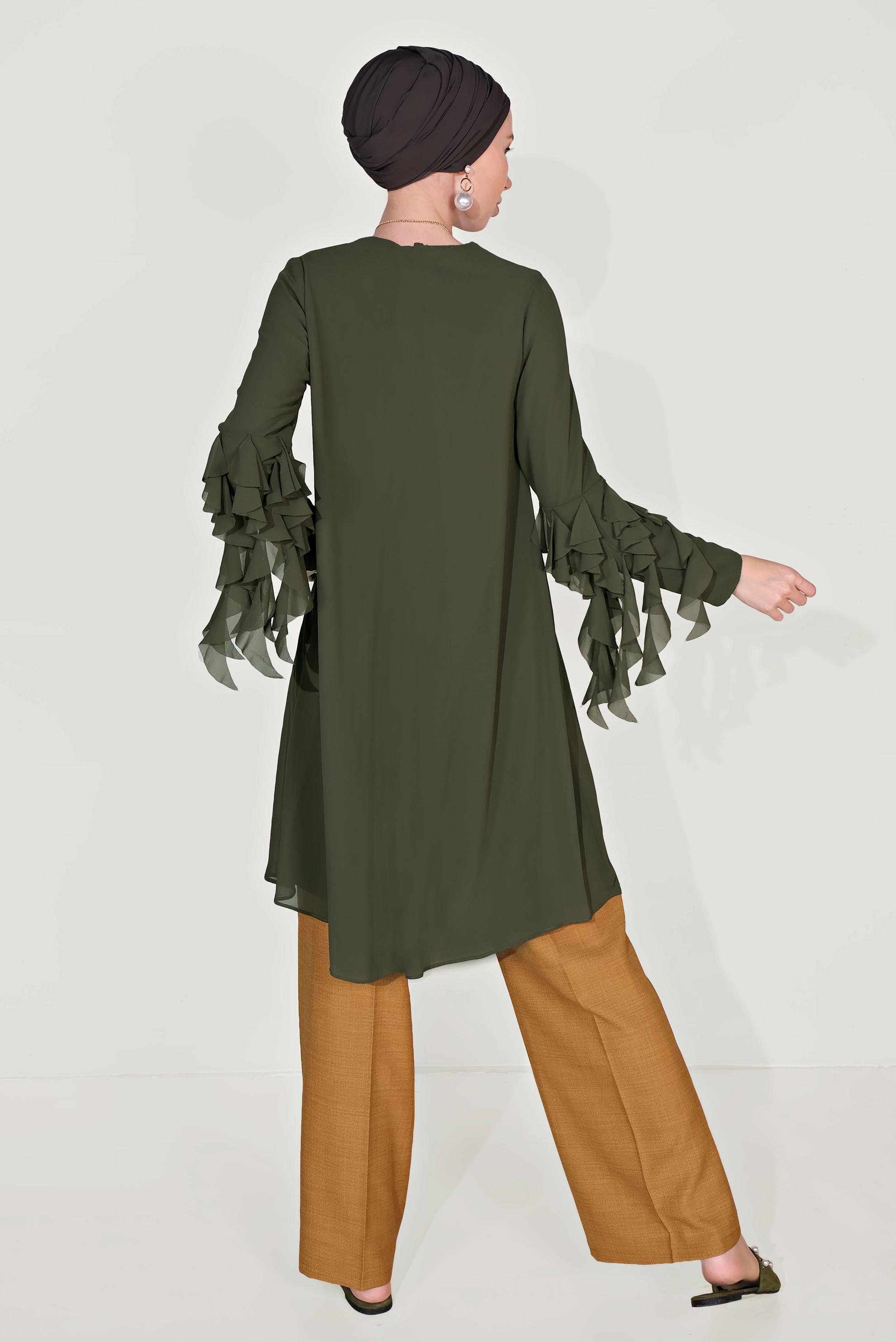 Tesettür giyim HAKİ KOLLARI FIRFIR DETAYLI ŞİFON TUNİK 4257