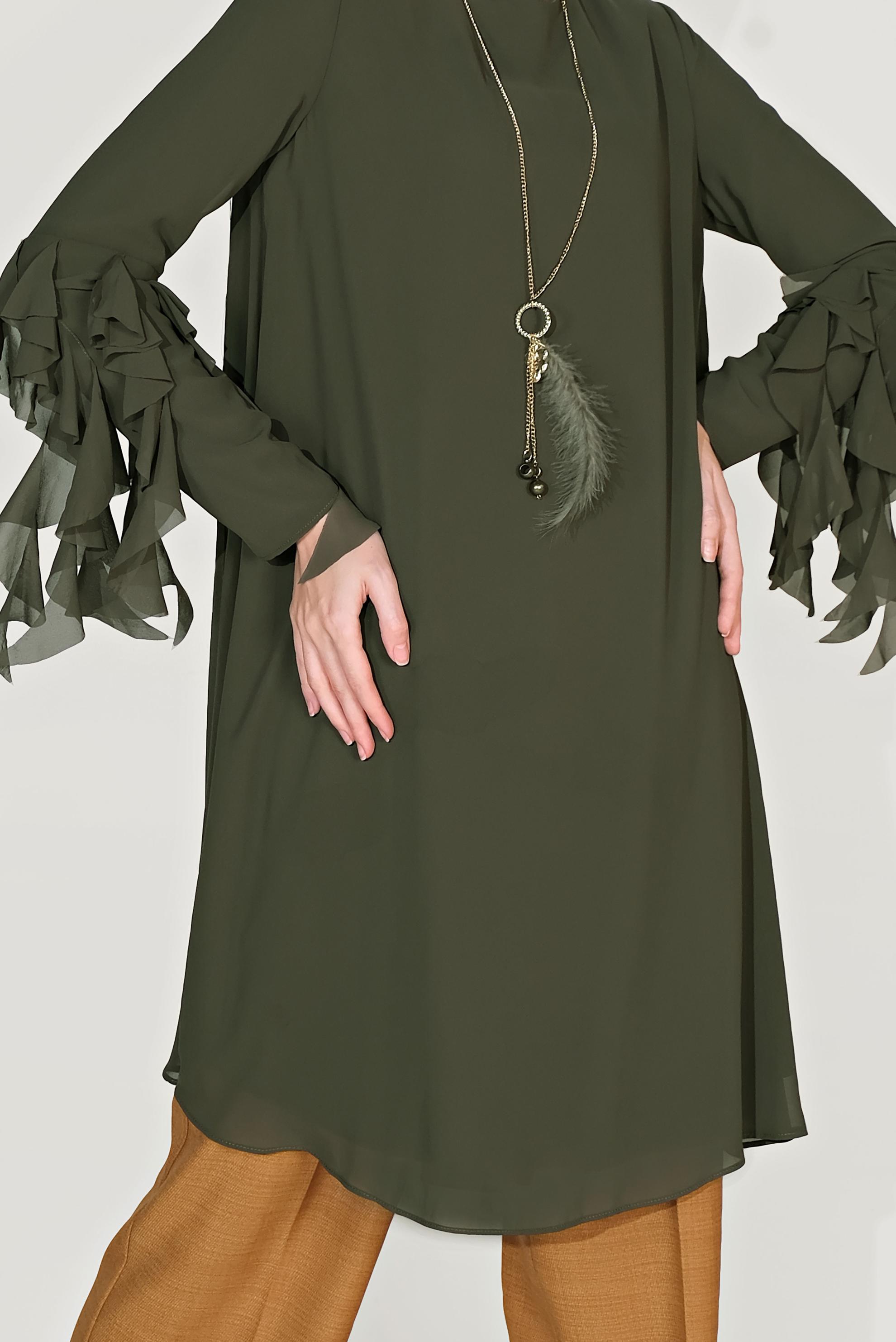 Tesettür giyim HAKİ KOLLARI FIRFIR DETAYLI ŞİFON TUNİK 4257