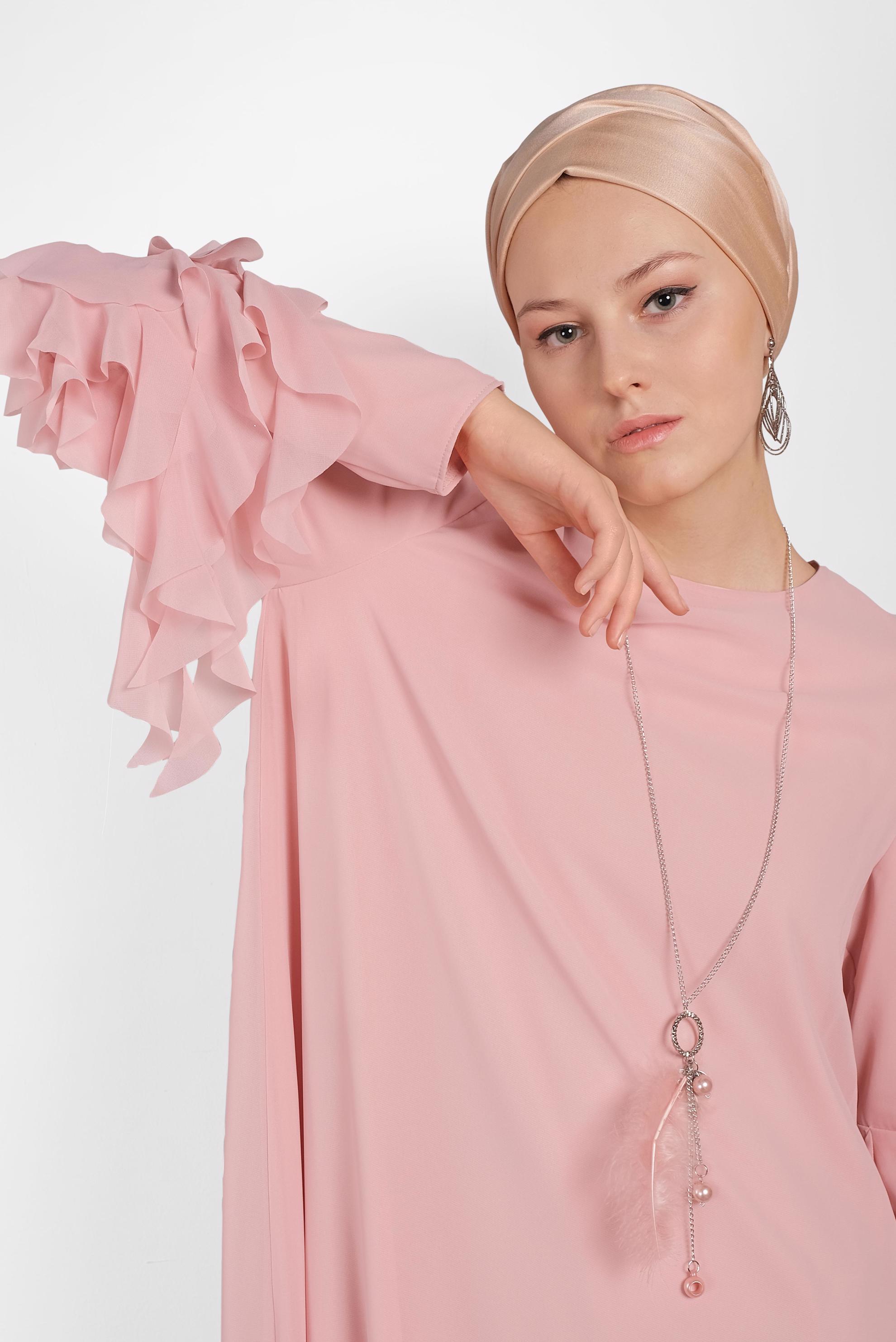 Tesettür giyim PUDRA KOLLARI FIRFIR DETAYLI ŞİFON TUNİK 4257