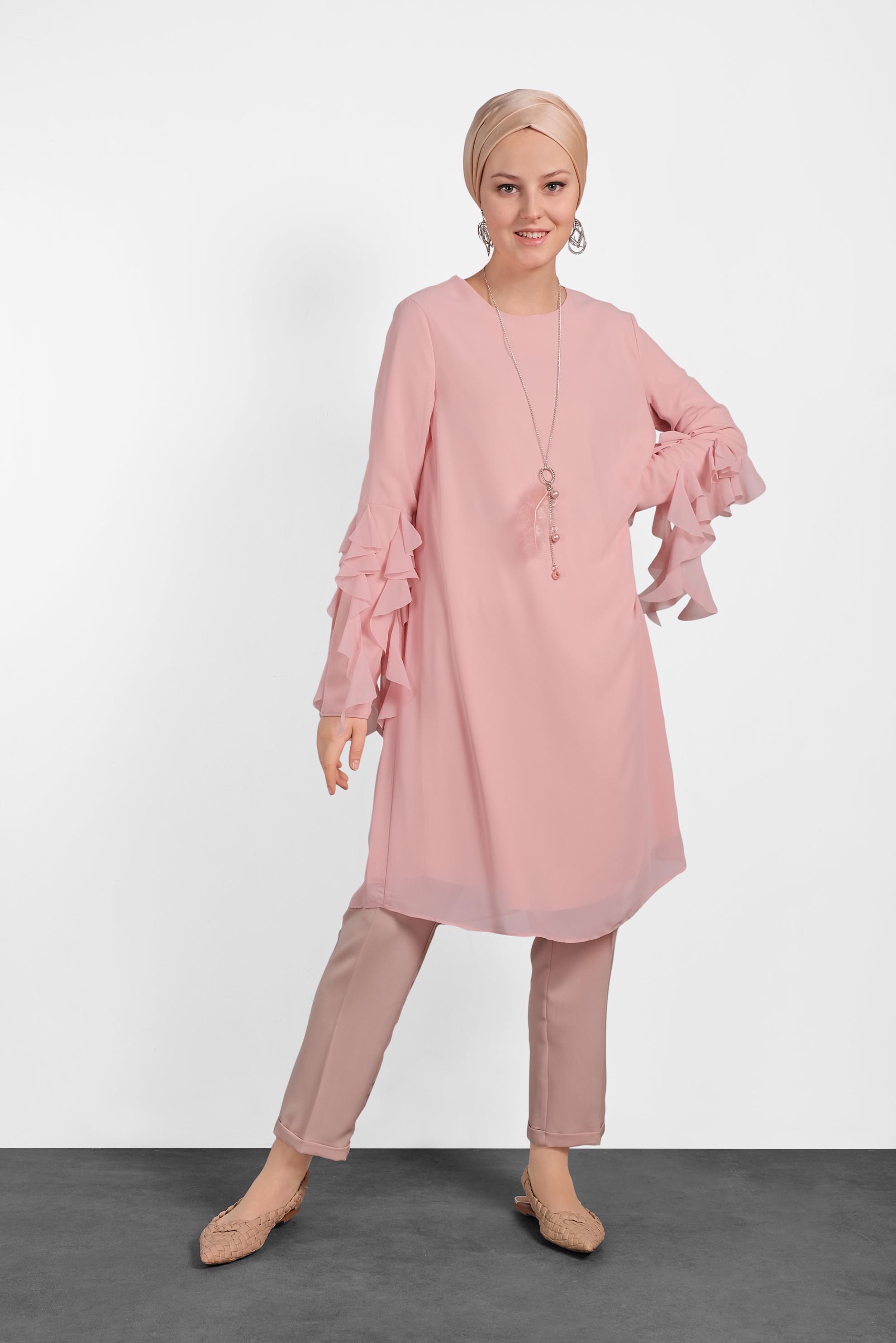 Tesettür giyim PUDRA KOLLARI FIRFIR DETAYLI ŞİFON TUNİK 4257