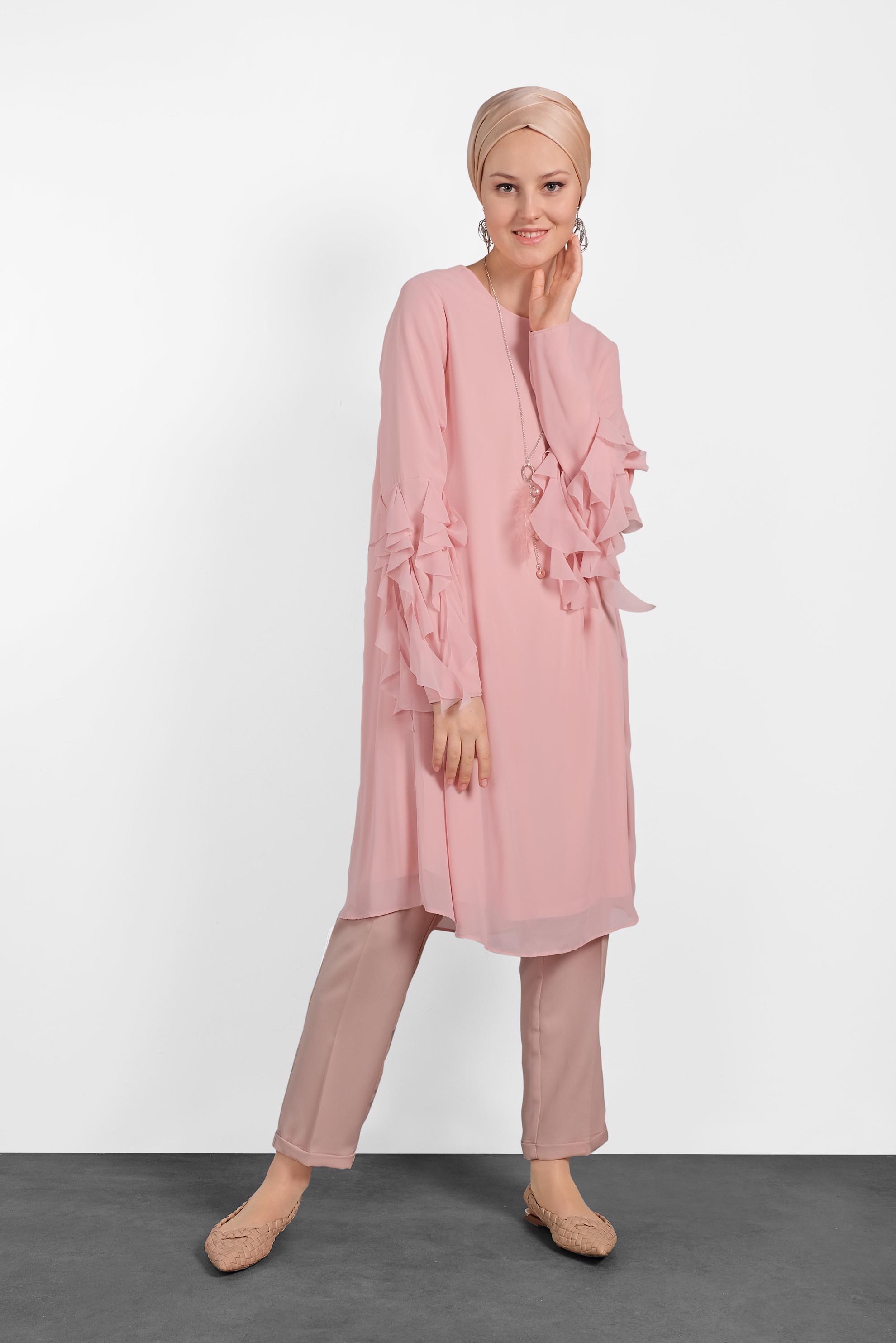 Tesettür giyim PUDRA KOLLARI FIRFIR DETAYLI ŞİFON TUNİK 4257