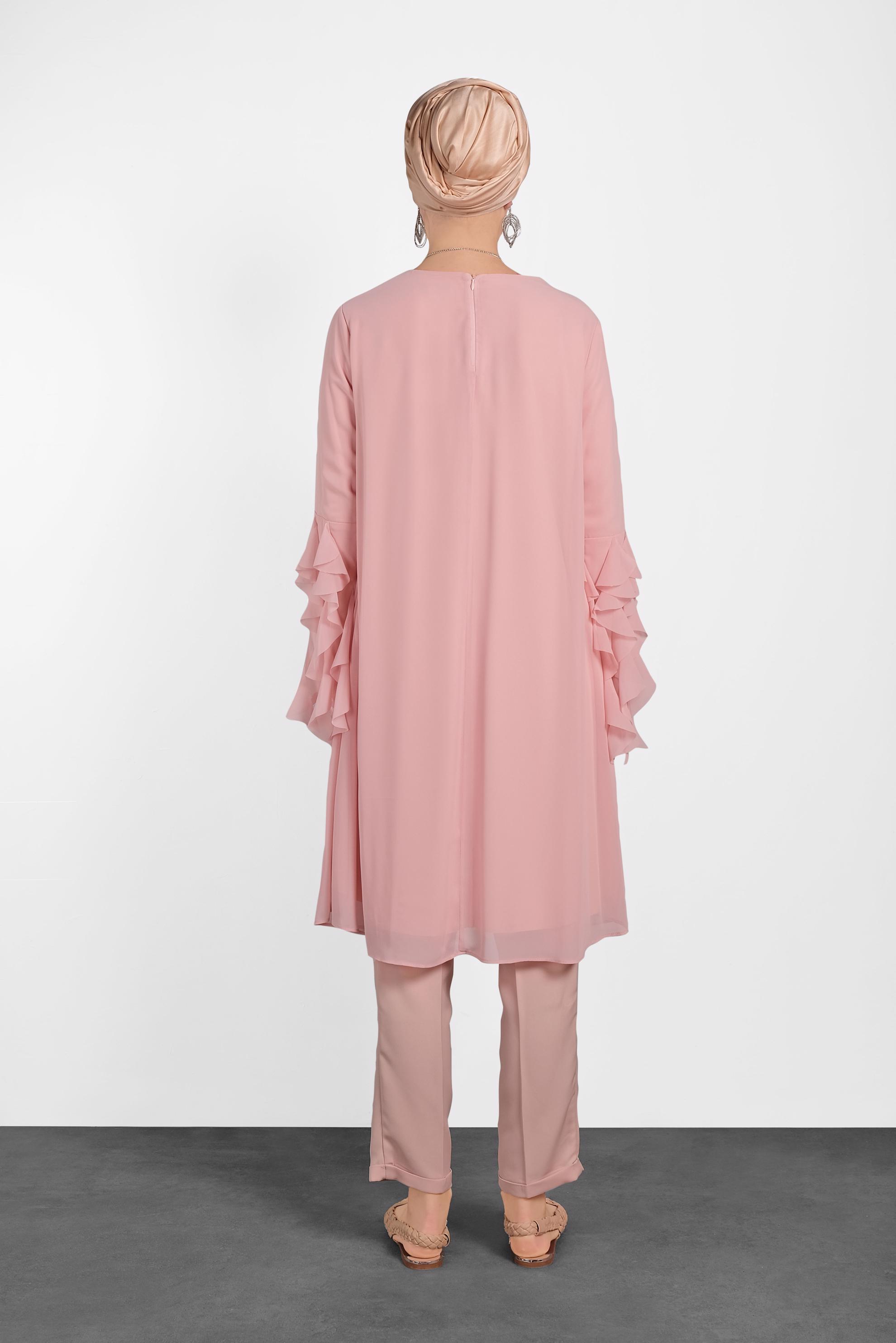 Tesettür giyim PUDRA KOLLARI FIRFIR DETAYLI ŞİFON TUNİK 4257